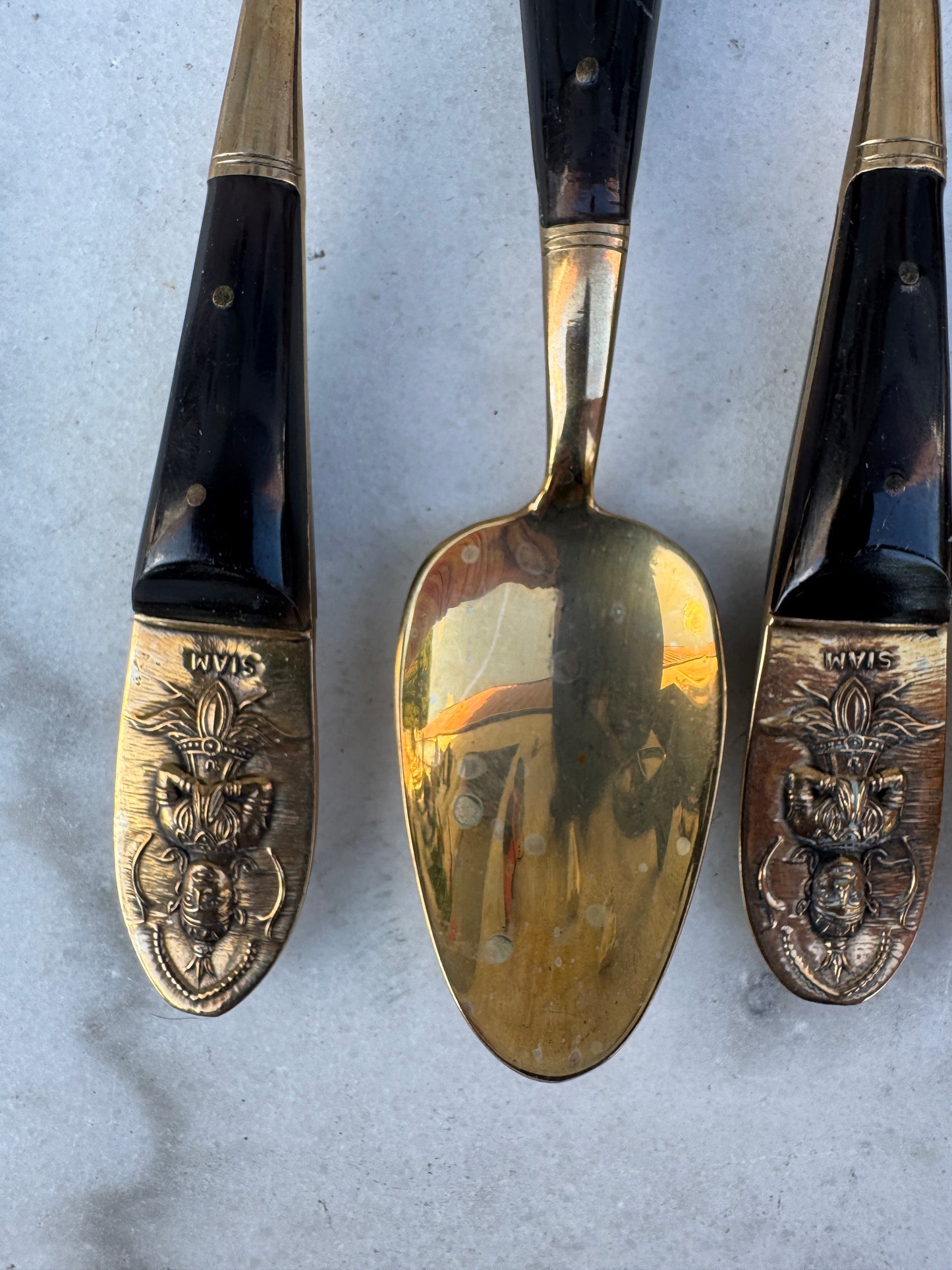 Vintage Set of 6 Siam Spoons – Brass & Black Resin – Handcrafted Thailand 1950s