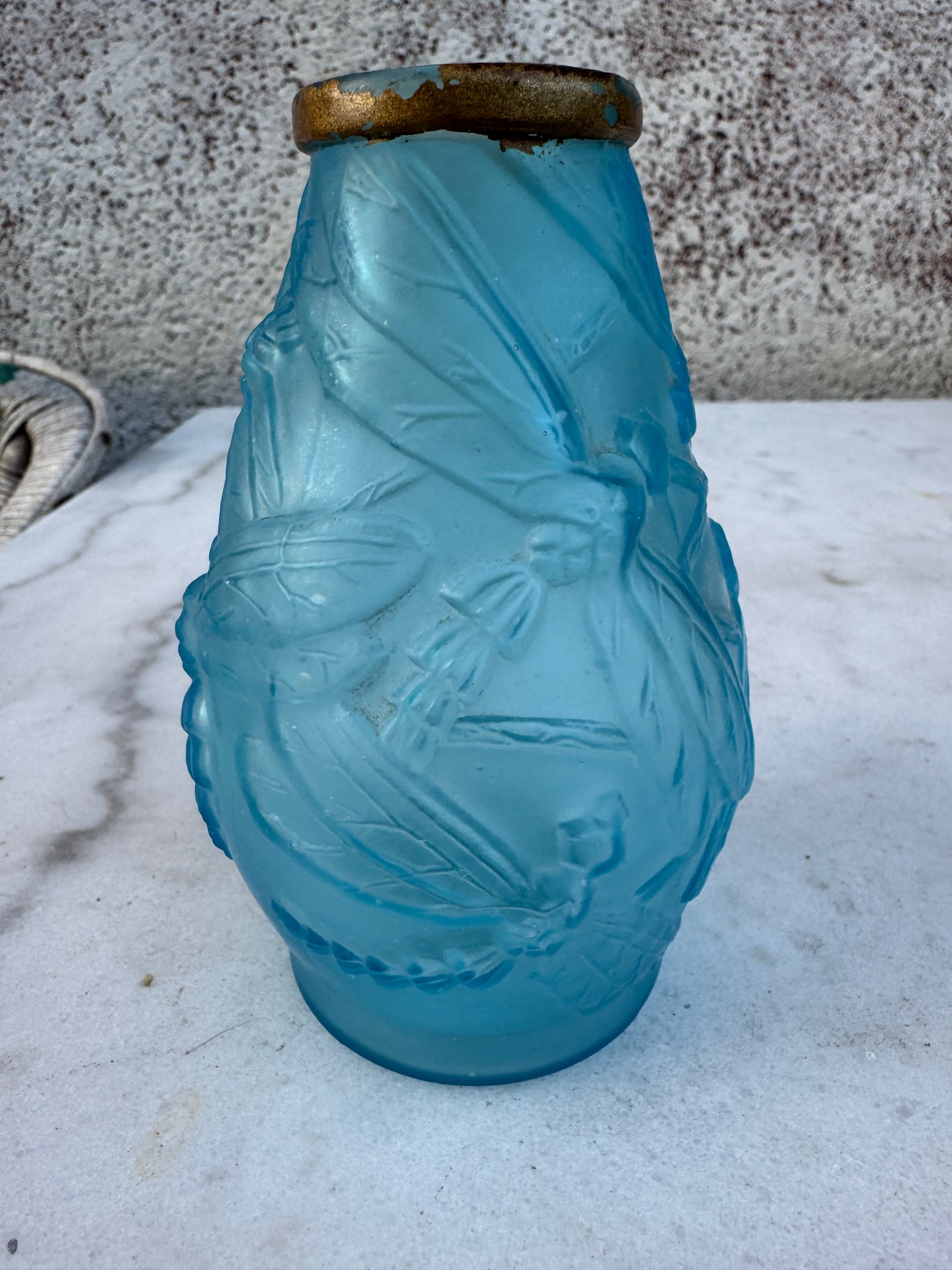 Vintage French Art Deco Glass Vase – Frosted Blue with Dragonfly Relief and Gilded Rim, ca. 1930s