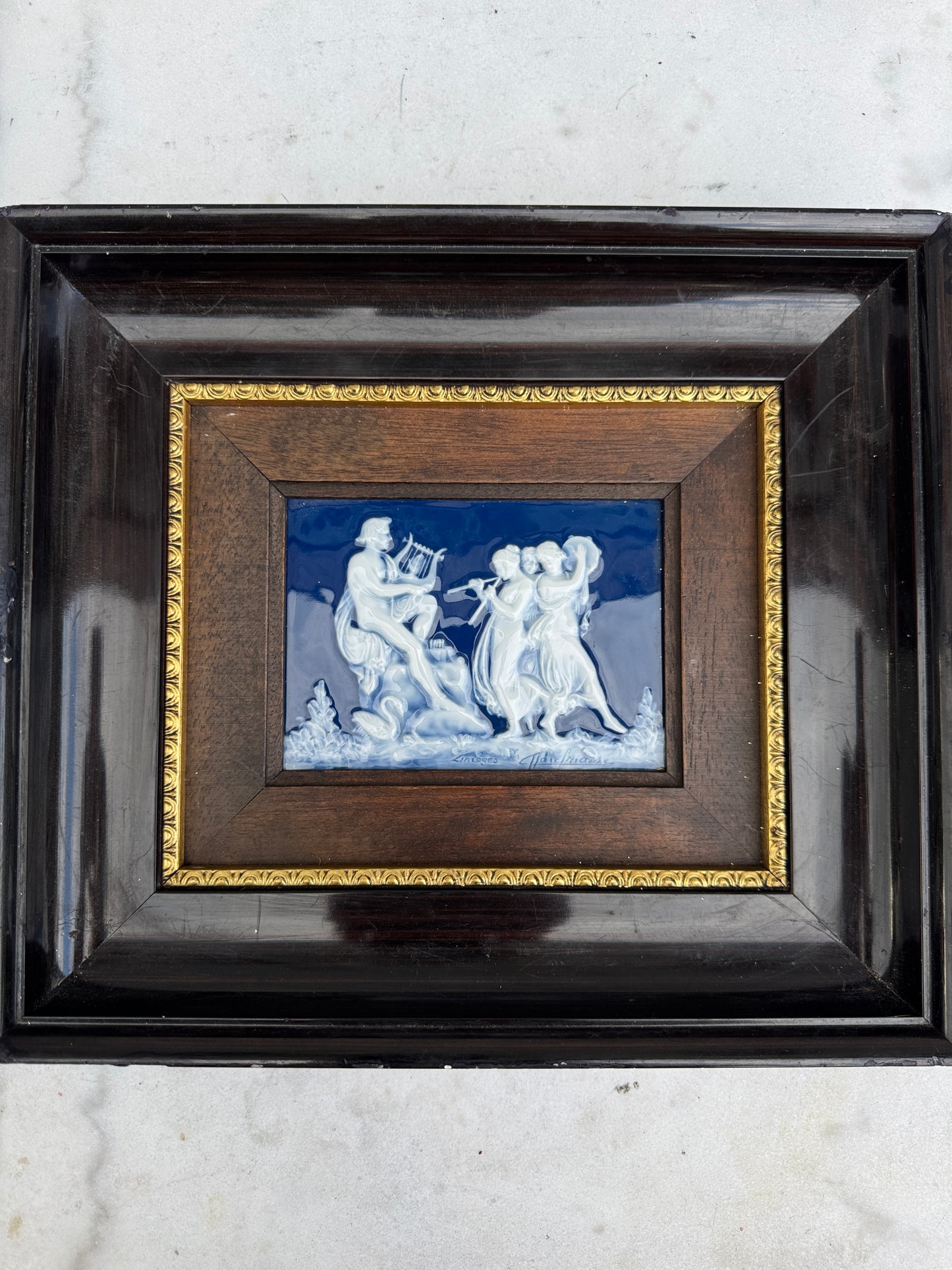 Vintage Limoges Porcelain Plaque Signed J. Chaufriasse – Framed Classical Relief with Musicians – Deep Cobalt Blue – Porcelaines d’Art Limoges France