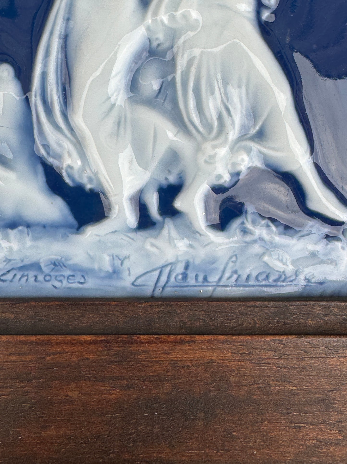 Vintage Limoges Porcelain Plaque Signed J. Chaufriasse – Framed Classical Relief with Musicians – Deep Cobalt Blue – Porcelaines d’Art Limoges France