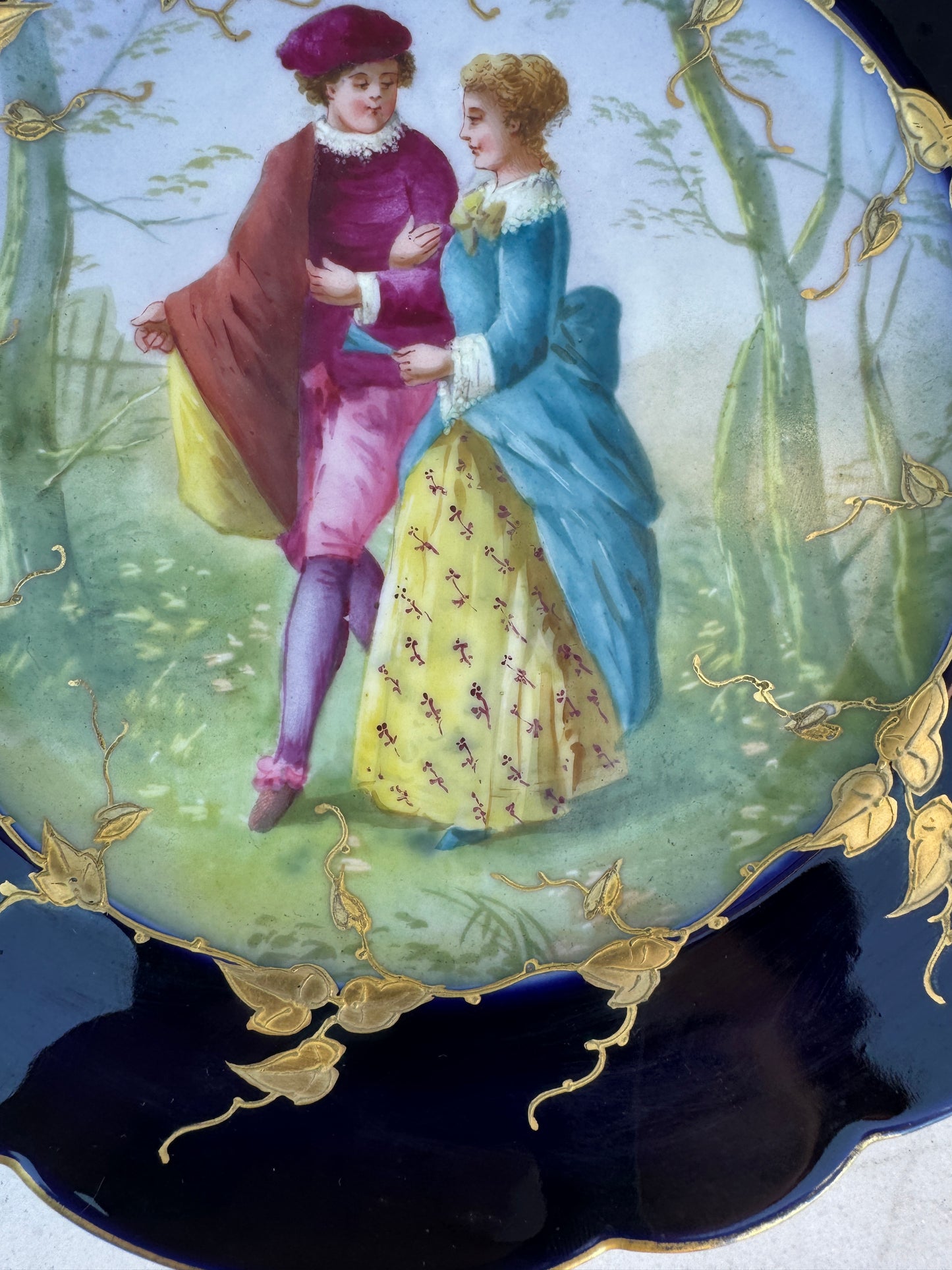 Antique Limoges D&C Hand Painted Cobalt Plate – Romantic Scene – Gold Gilt – ca. 1900