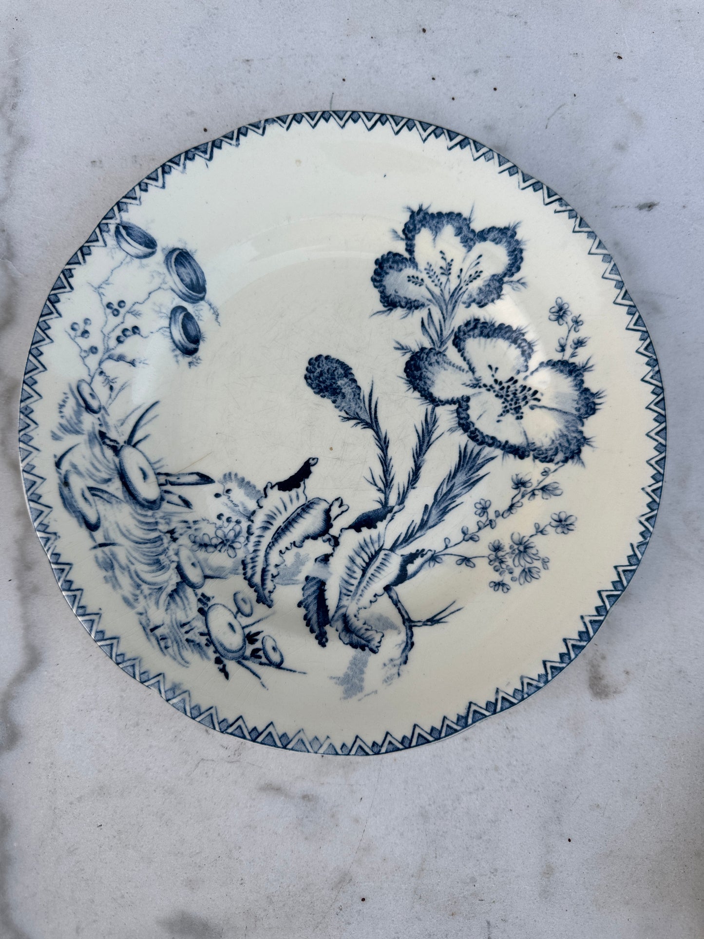 Antique French Terre de Fer Plate – “Indiana” Pattern – Blue & White Floral Transferware – 22 cm – Late 19th Century