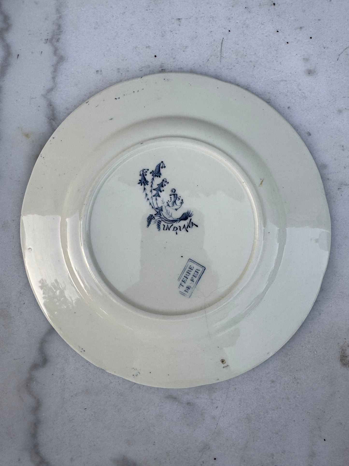 Antique French Terre de Fer Plate – “Indiana” Pattern – Blue & White Floral Transferware – 22 cm – Late 19th Century