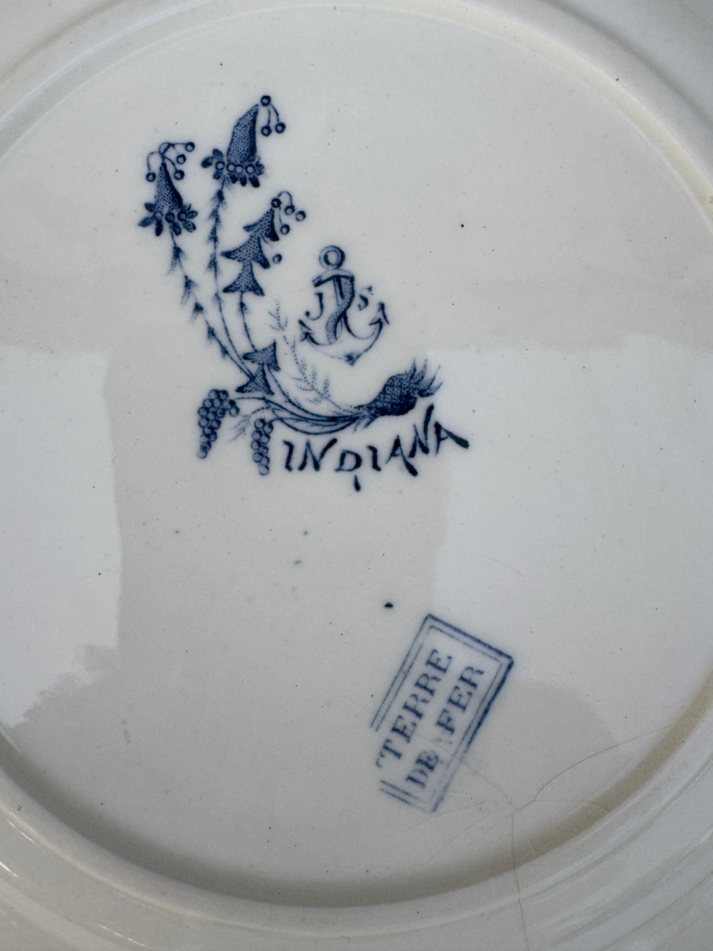 Antique French Terre de Fer Plate – “Indiana” Pattern – Blue & White Floral Transferware – 22 cm – Late 19th Century