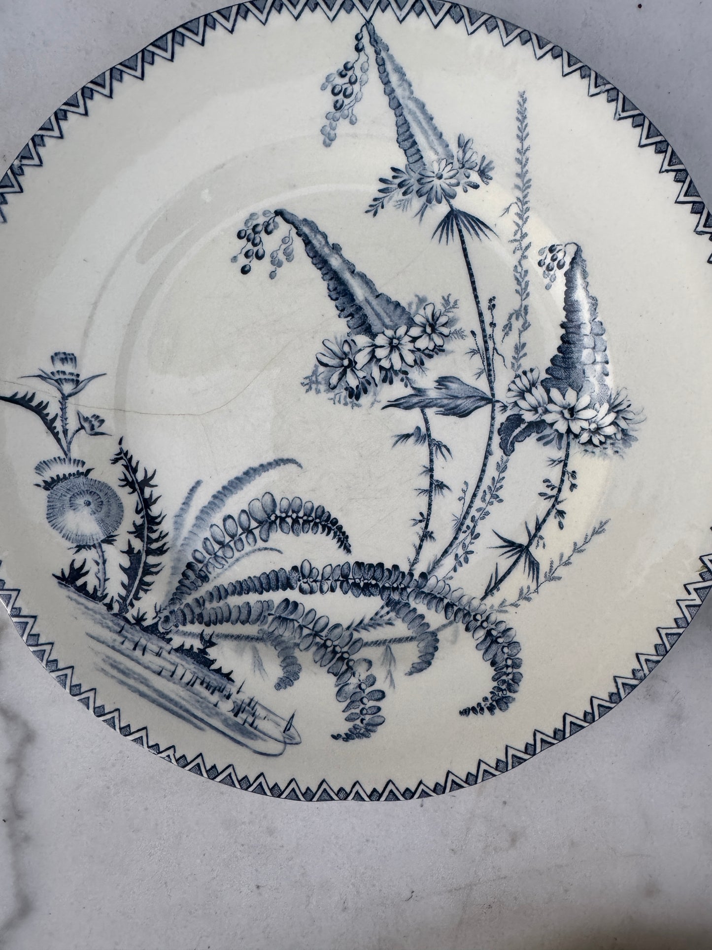 Antique French Terre de Fer Plate – “Indiana” Pattern – Blue & White Transferware – 24 cm – Late 19th Century