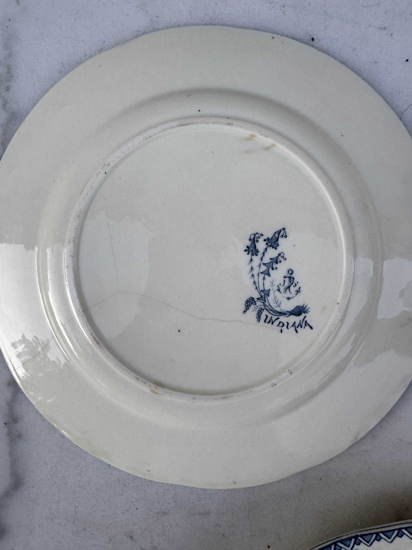 Antique French Terre de Fer Plate – “Indiana” Pattern – Blue & White Transferware – 24 cm – Late 19th Century