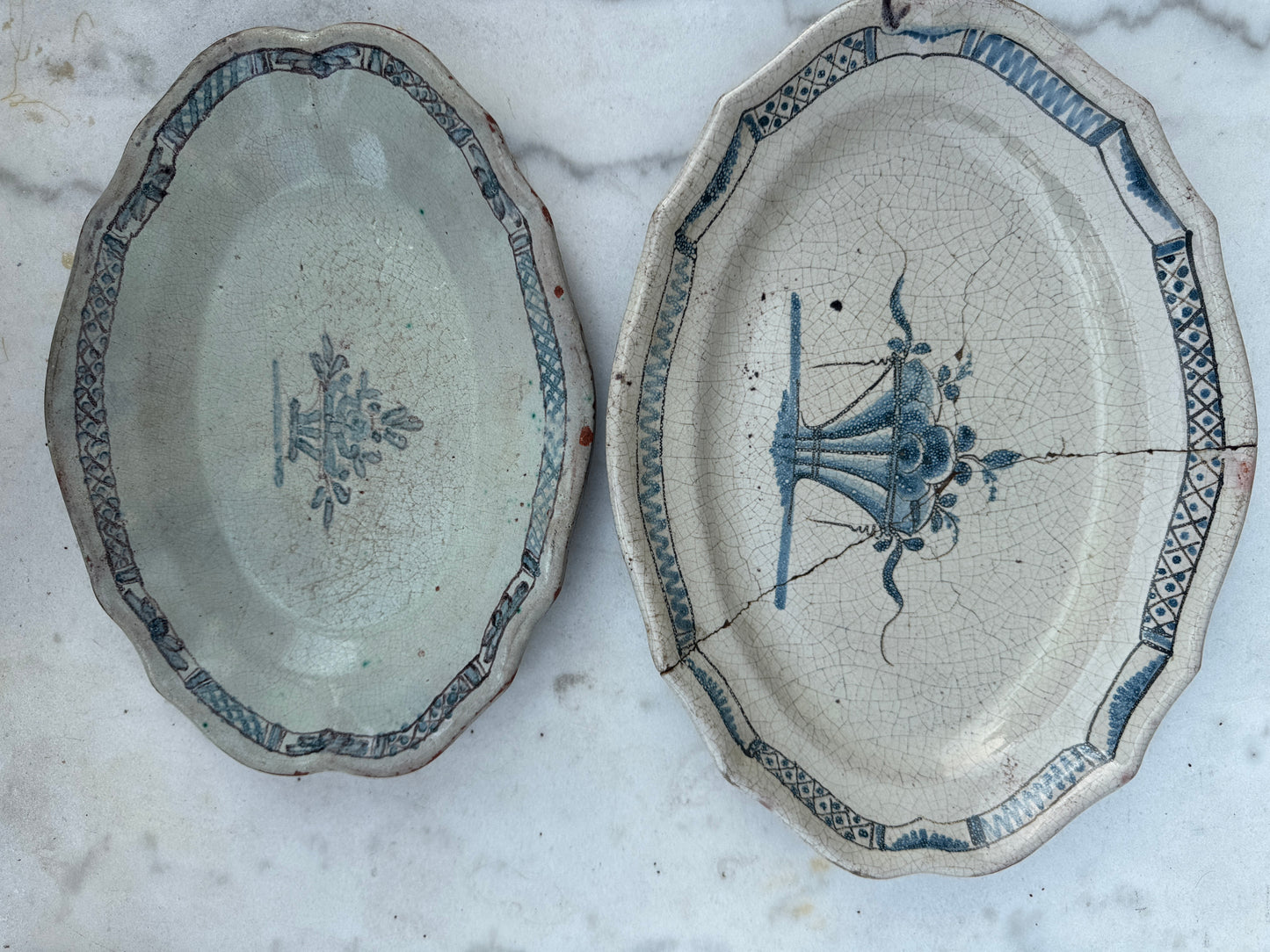 Antique French Faience Oval Serving Platters – Blue Transferware – Late 18th to Early 19th Century – Set of 2