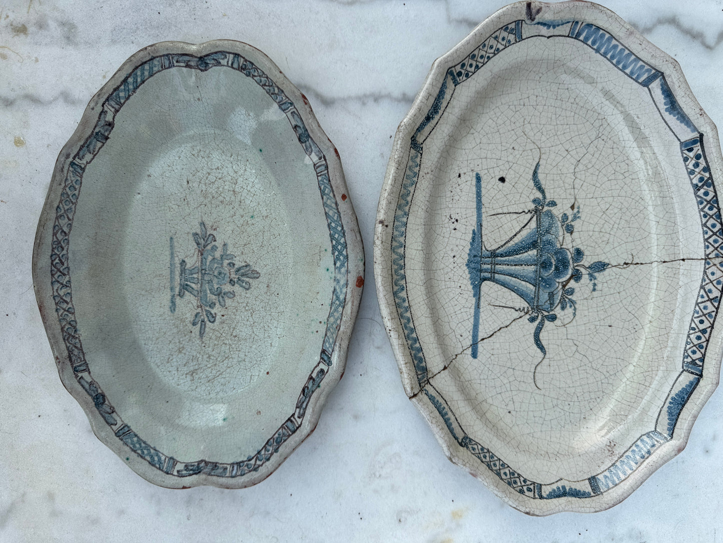 Antique French Faience Oval Serving Platters – Blue Transferware – Late 18th to Early 19th Century – Set of 2
