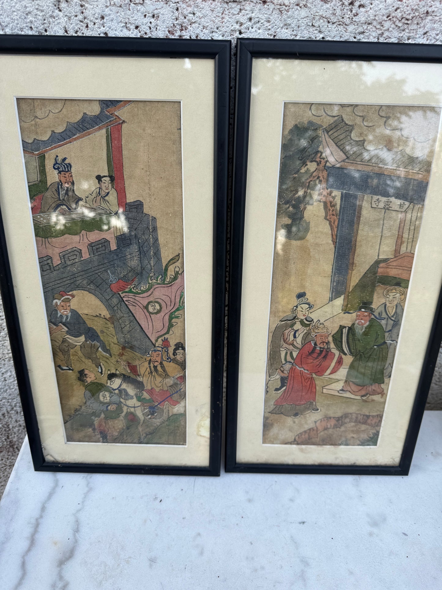 Antique Chinese Hand-Painted Scenes on Fabric – Set of 2 Framed Wall Art – Early 20th Century