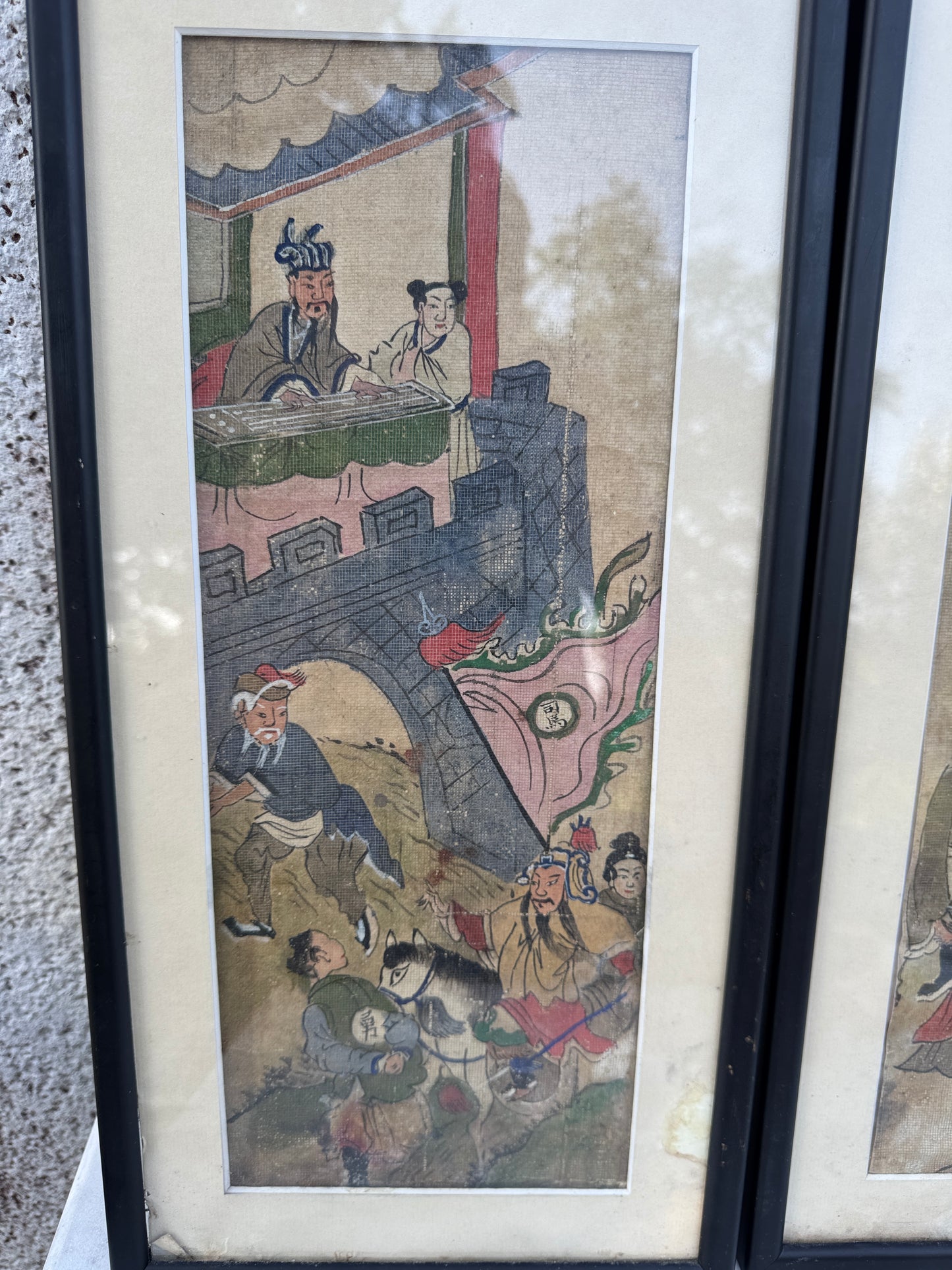 Antique Chinese Hand-Painted Scenes on Fabric – Set of 2 Framed Wall Art – Early 20th Century