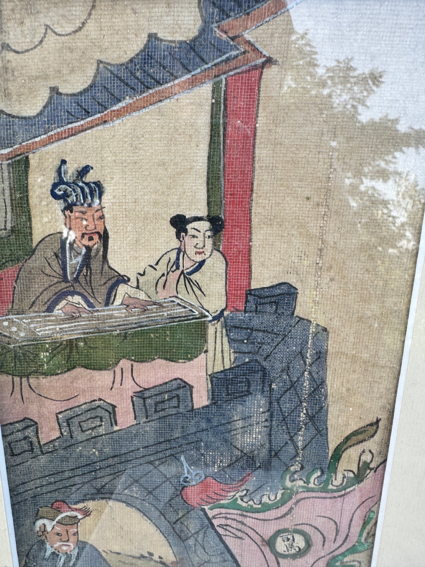 Antique Chinese Hand-Painted Scenes on Fabric – Set of 2 Framed Wall Art – Early 20th Century