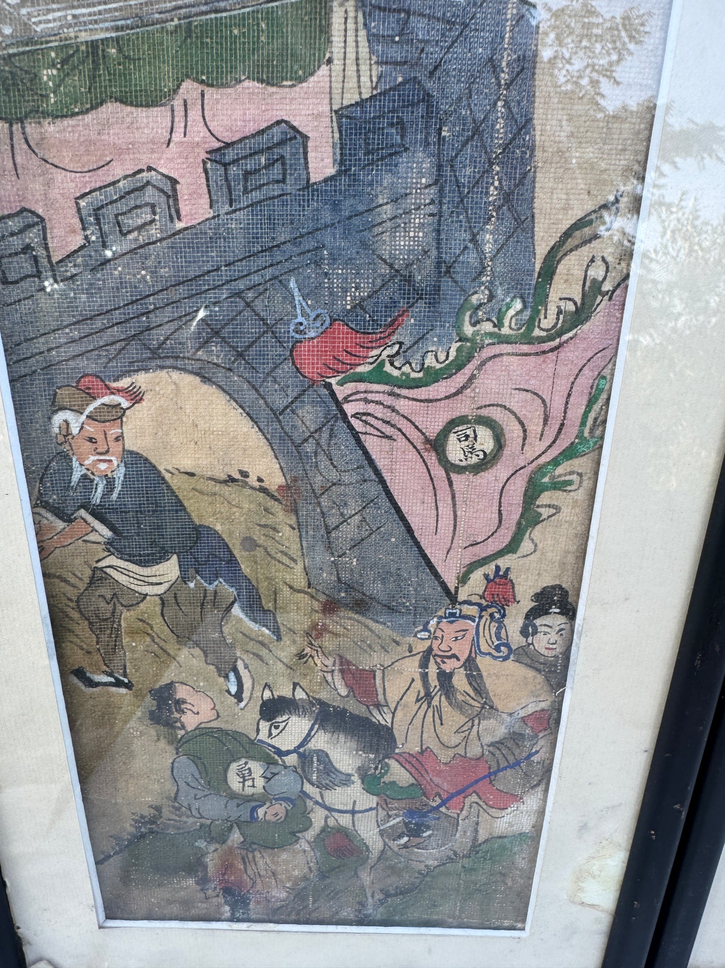 Antique Chinese Hand-Painted Scenes on Fabric – Set of 2 Framed Wall Art – Early 20th Century