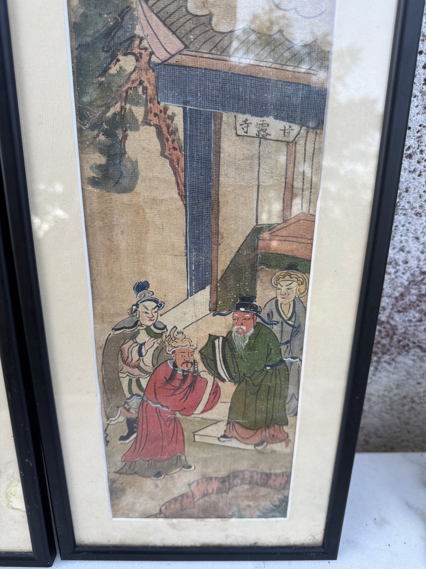 Antique Chinese Hand-Painted Scenes on Fabric – Set of 2 Framed Wall Art – Early 20th Century