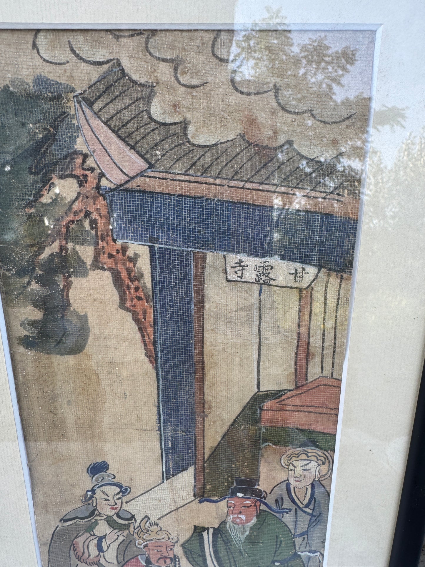 Antique Chinese Hand-Painted Scenes on Fabric – Set of 2 Framed Wall Art – Early 20th Century