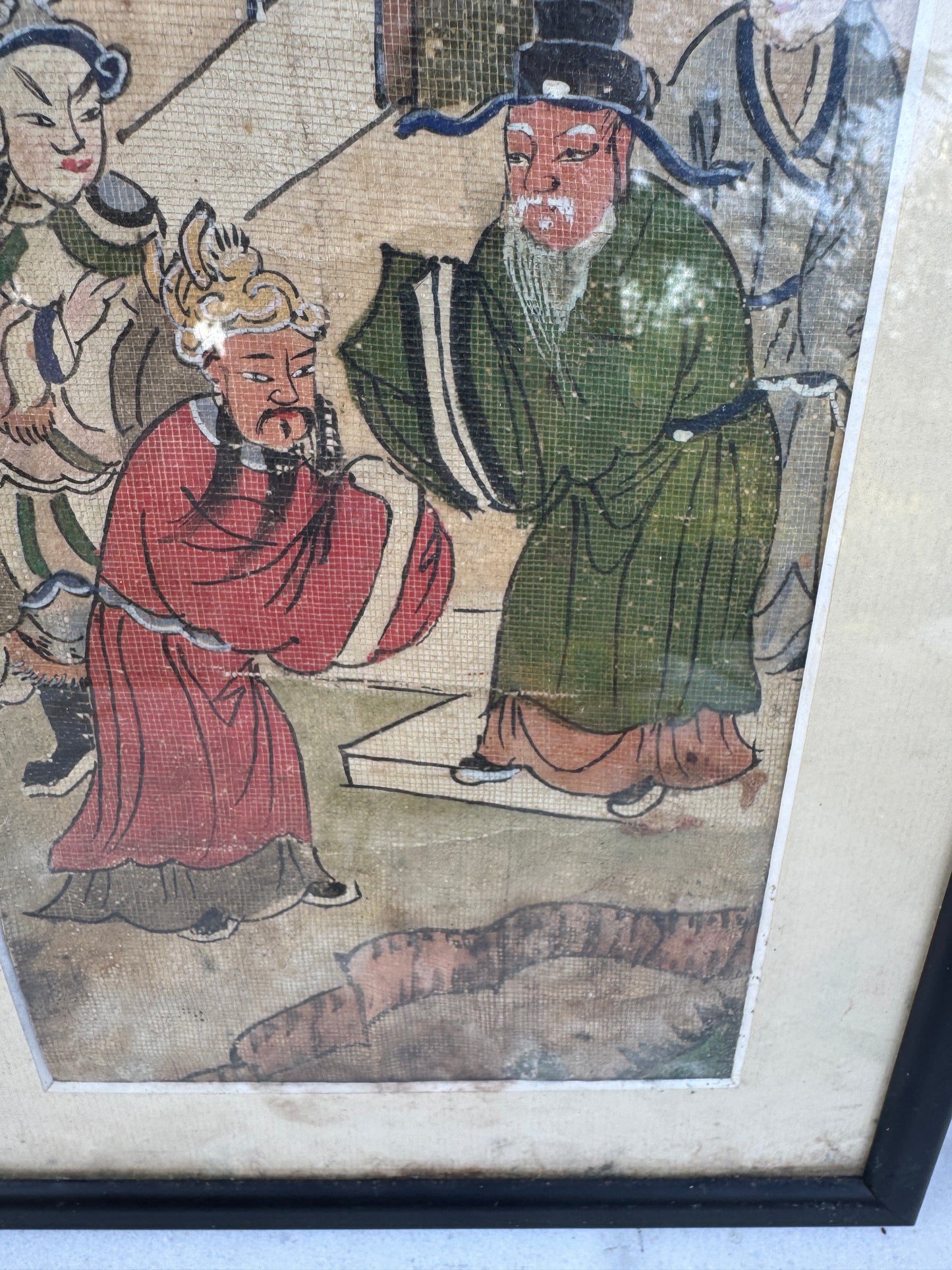Antique Chinese Hand-Painted Scenes on Fabric – Set of 2 Framed Wall Art – Early 20th Century