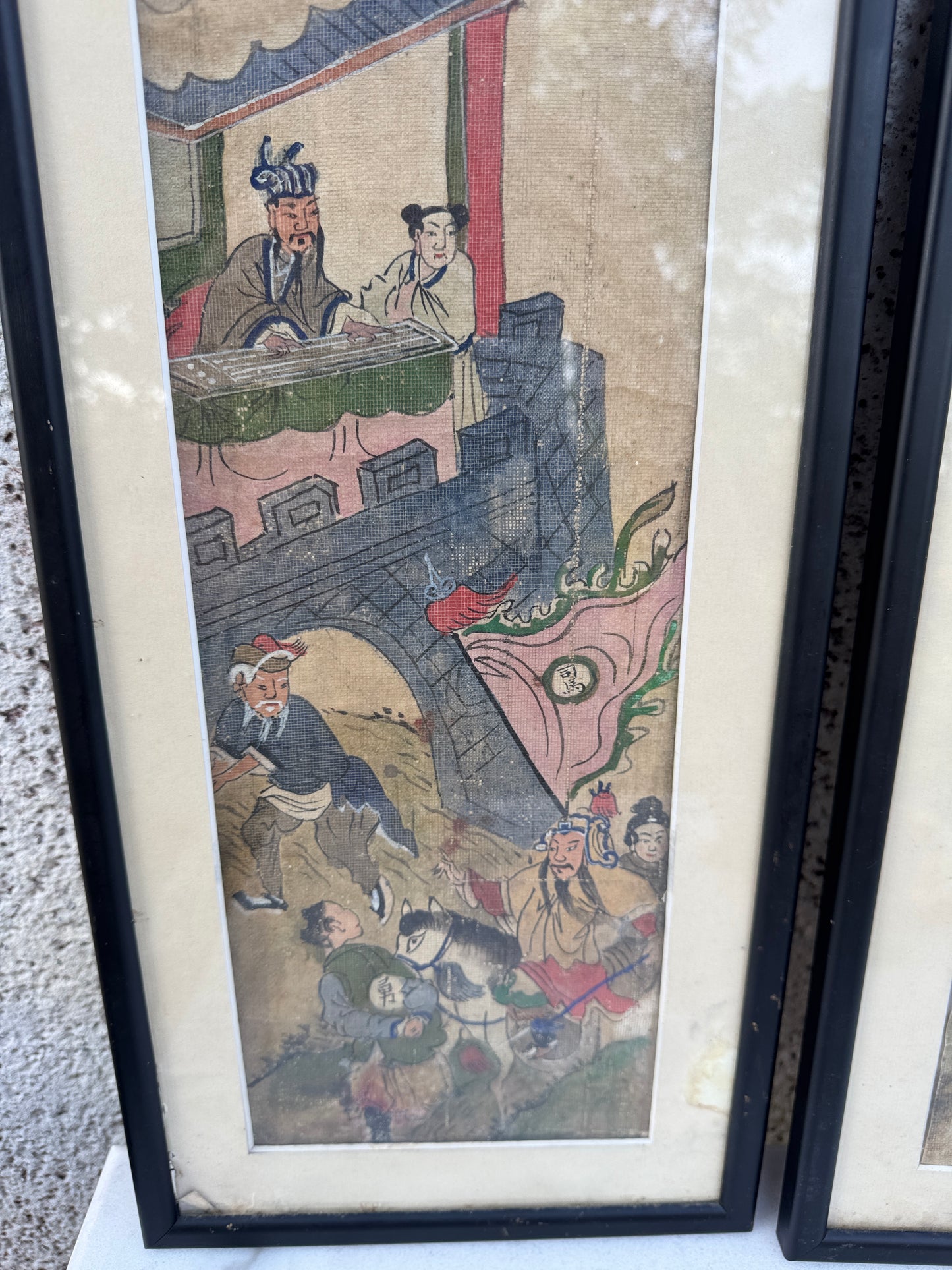 Antique Chinese Hand-Painted Scenes on Fabric – Set of 2 Framed Wall Art – Early 20th Century