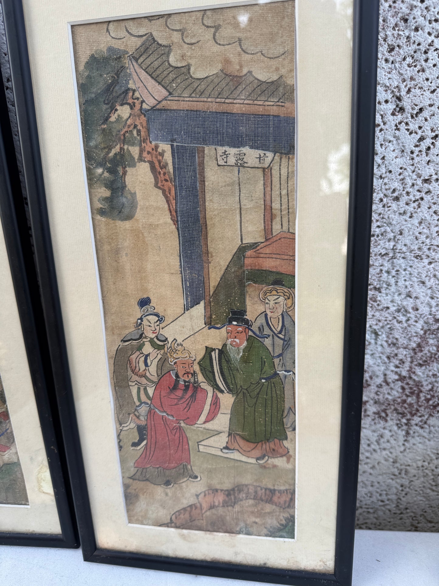 Antique Chinese Hand-Painted Scenes on Fabric – Set of 2 Framed Wall Art – Early 20th Century