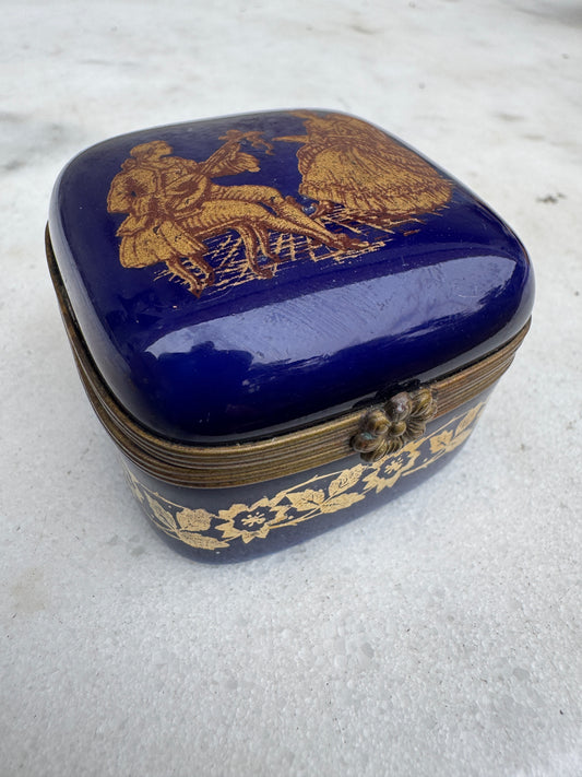 Vintage French Porcelain Trinket Box, Bleu de Sèvres Style, Gilded Romantic Scene, c.1950s