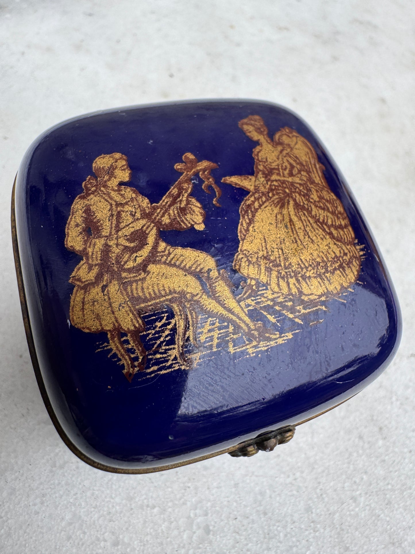 Vintage French Porcelain Trinket Box, Bleu de Sèvres Style, Gilded Romantic Scene, c.1950s