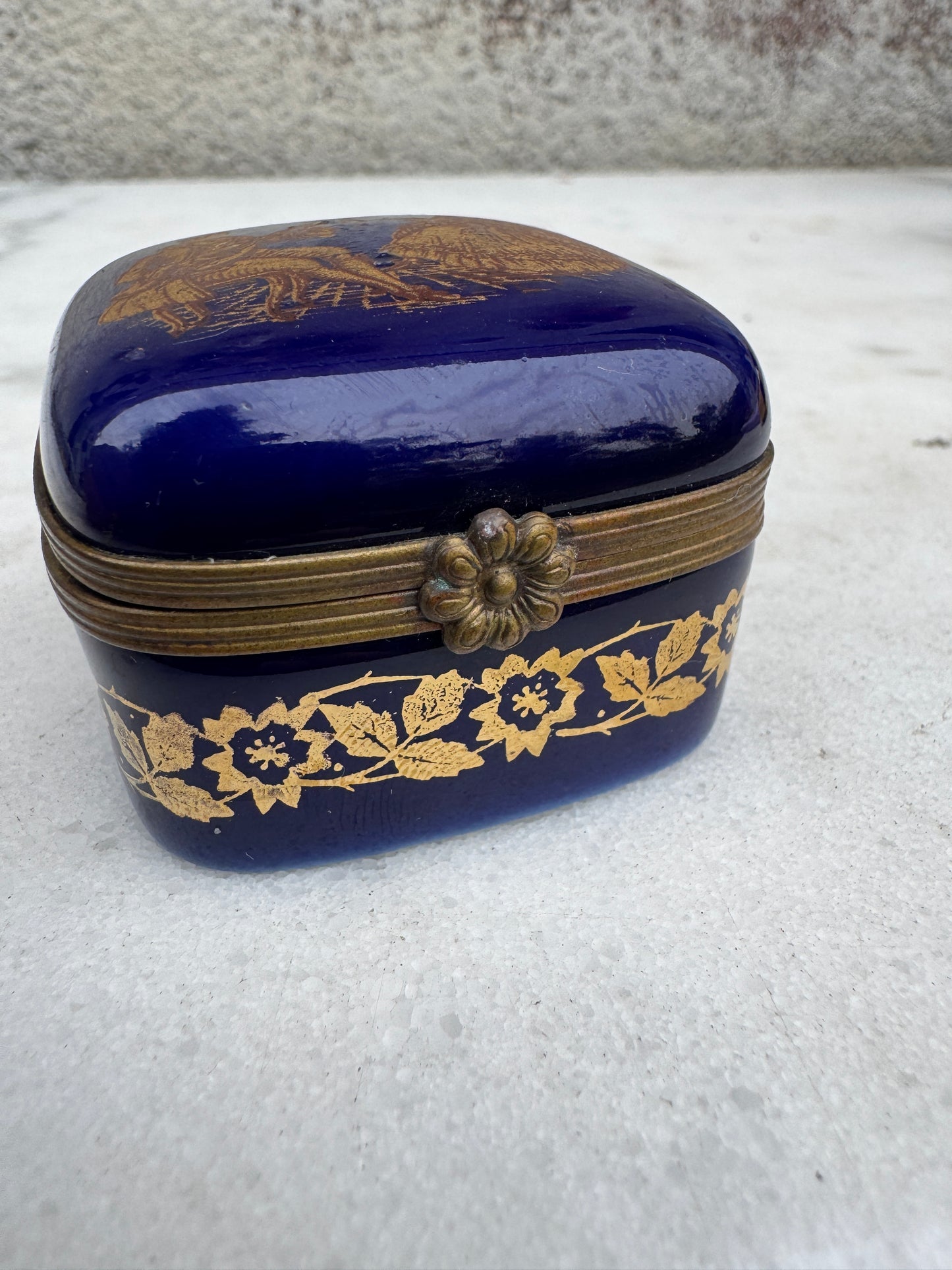 Vintage French Porcelain Trinket Box, Bleu de Sèvres Style, Gilded Romantic Scene, c.1950s