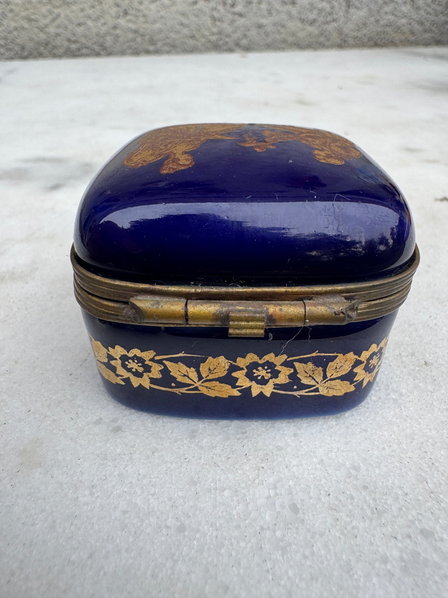 Vintage French Porcelain Trinket Box, Bleu de Sèvres Style, Gilded Romantic Scene, c.1950s