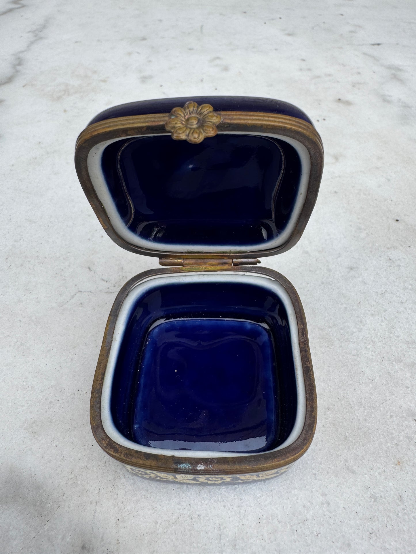 Vintage French Porcelain Trinket Box, Bleu de Sèvres Style, Gilded Romantic Scene, c.1950s