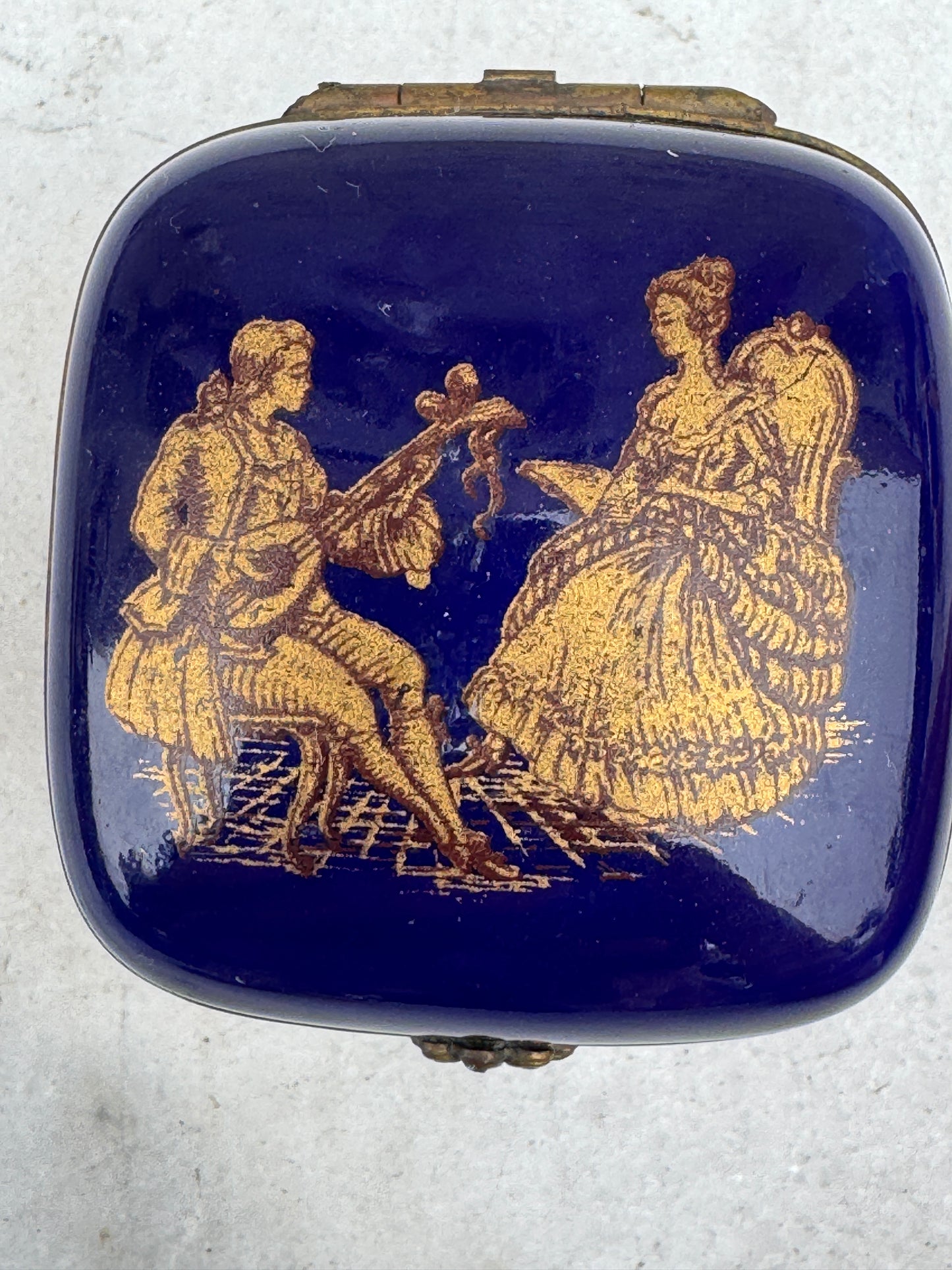 Vintage French Porcelain Trinket Box, Bleu de Sèvres Style, Gilded Romantic Scene, c.1950s