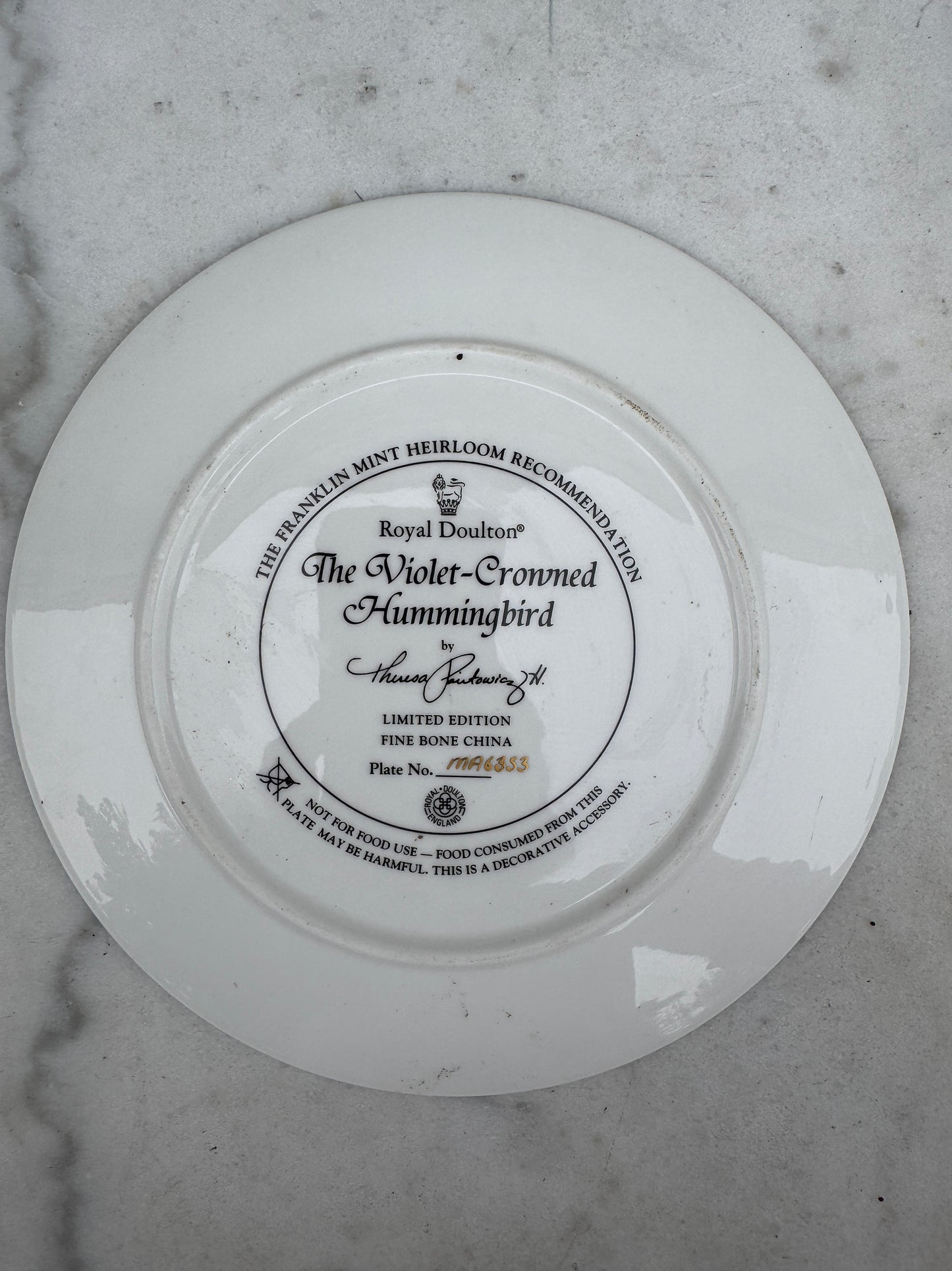 Royal Doulton Hummingbird Plate, Franklin Mint Limited Edition, Fine Bone China, 21 cm — Sold Individually