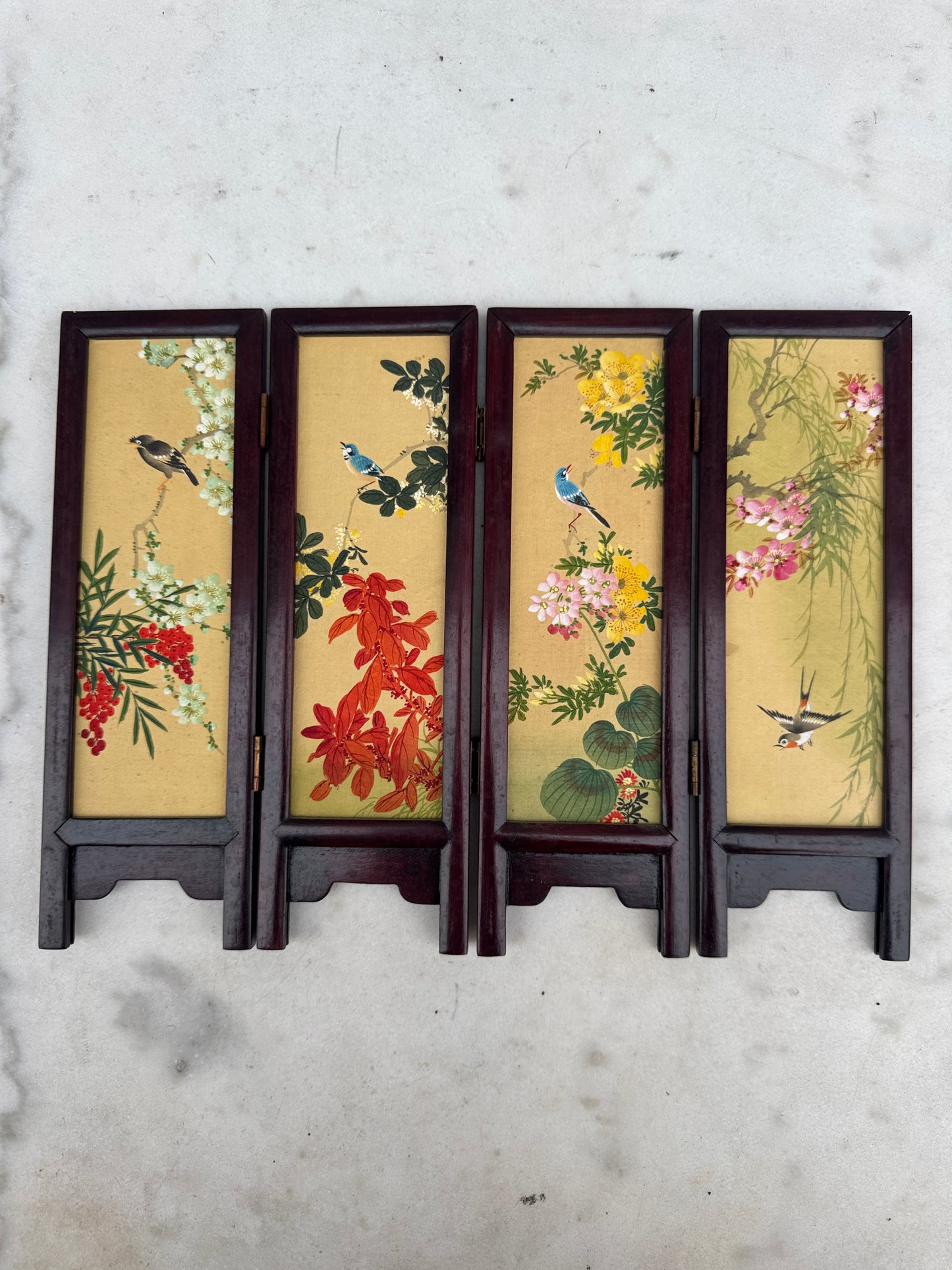 Vintage Chinese Miniature Folding Screen, Hand-Painted Birds & Flowers, Wooden Frame, 4 Panels