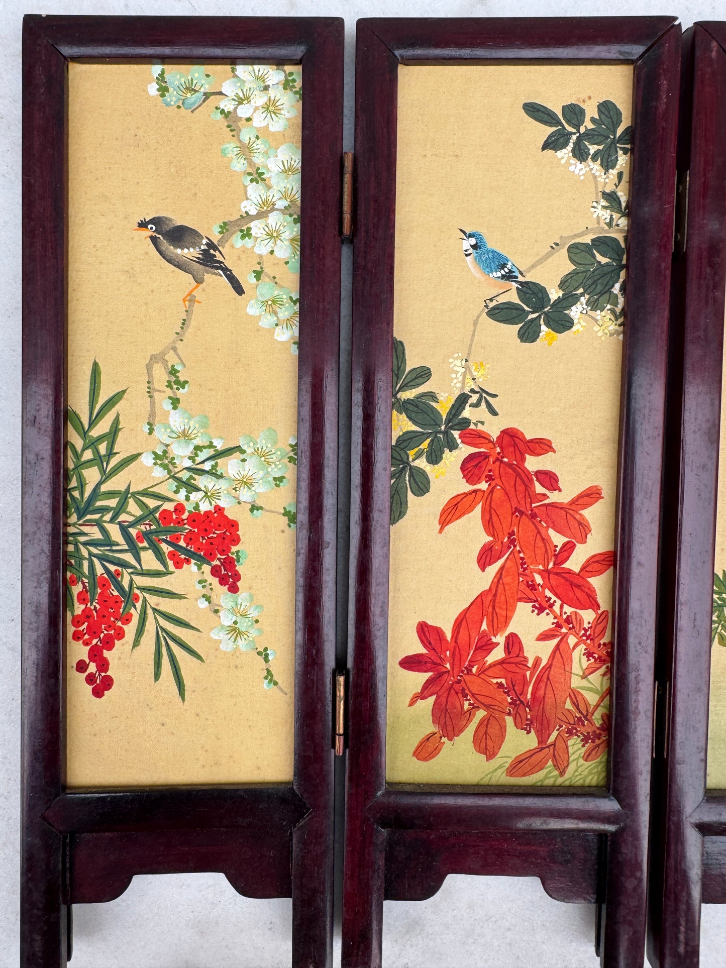 Vintage Chinese Miniature Folding Screen, Hand-Painted Birds & Flowers, Wooden Frame, 4 Panels
