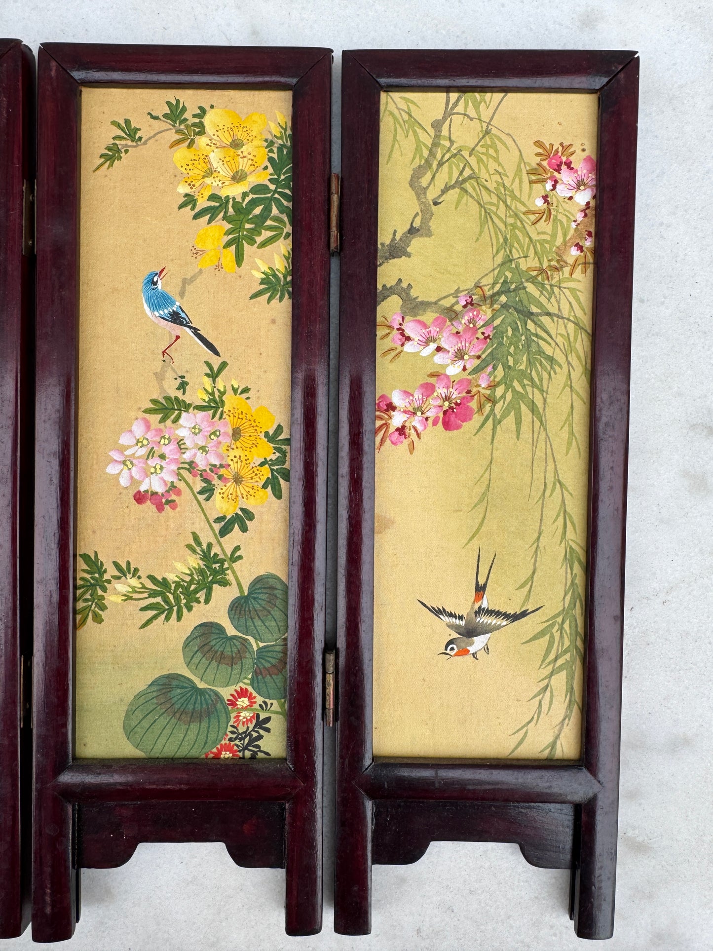 Vintage Chinese Miniature Folding Screen, Hand-Painted Birds & Flowers, Wooden Frame, 4 Panels