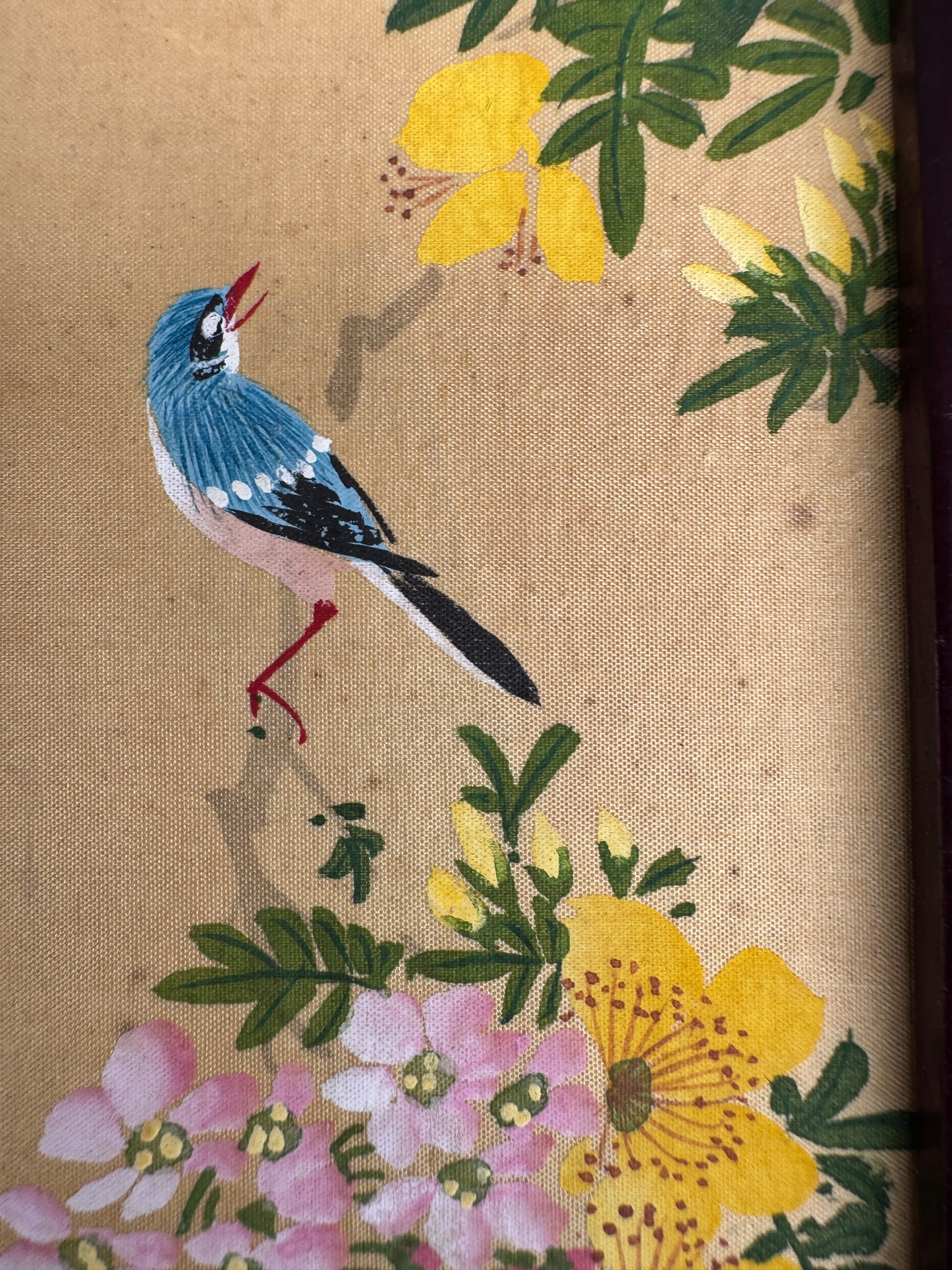 Vintage Chinese Miniature Folding Screen, Hand-Painted Birds & Flowers, Wooden Frame, 4 Panels