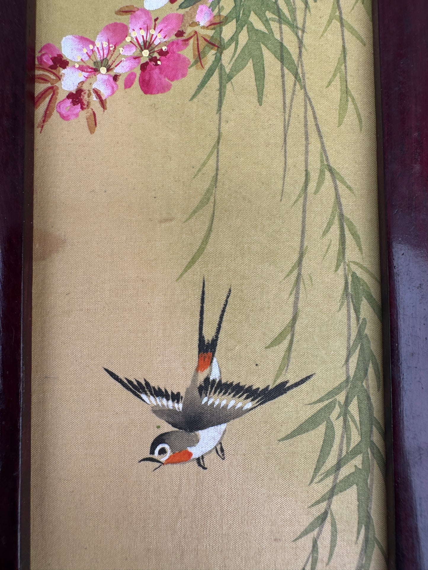 Vintage Chinese Miniature Folding Screen, Hand-Painted Birds & Flowers, Wooden Frame, 4 Panels