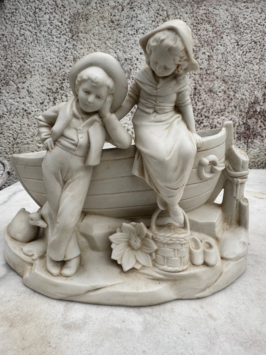 Antique Gebrüder Heubach Bisque Figurine Jardinière, Children with Boat, German Bisque Porcelain ca.1900