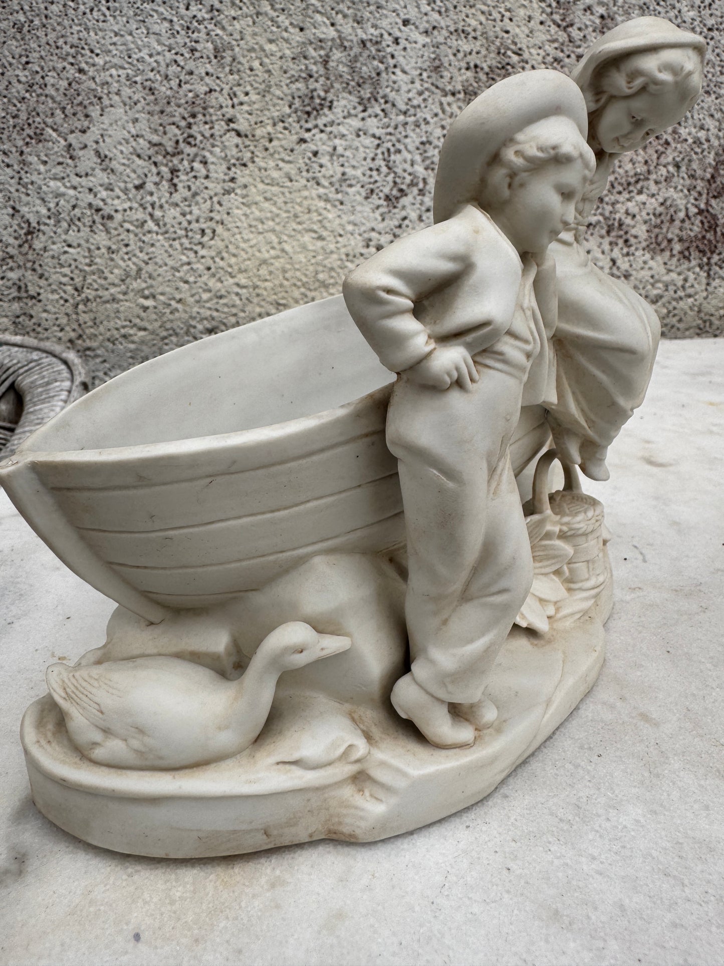 Antique Gebrüder Heubach Bisque Figurine Jardinière, Children with Boat, German Bisque Porcelain ca.1900
