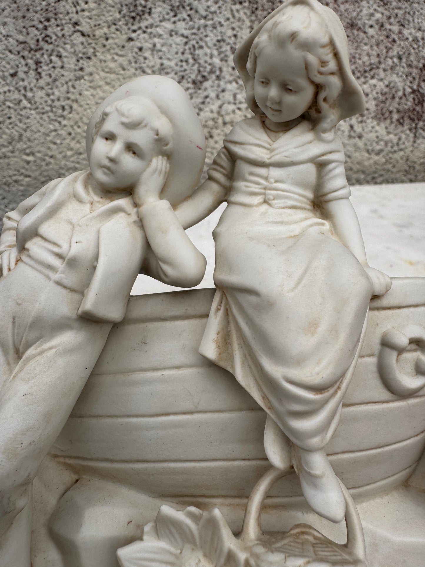 Antique Gebrüder Heubach Bisque Figurine Jardinière, Children with Boat, German Bisque Porcelain ca.1900