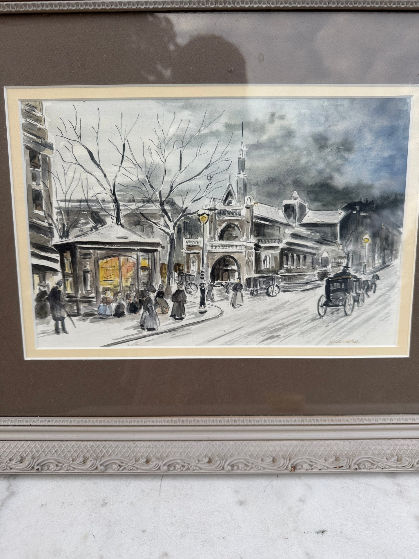 Antique French Watercolor by J. Ricouard, Paris Street Scene, c.1920s–1930s – Framed Original Painting