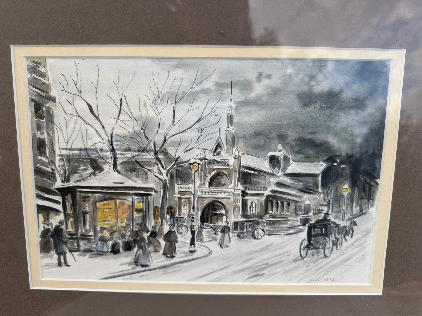 Antique French Watercolor by J. Ricouard, Paris Street Scene, c.1920s–1930s – Framed Original Painting