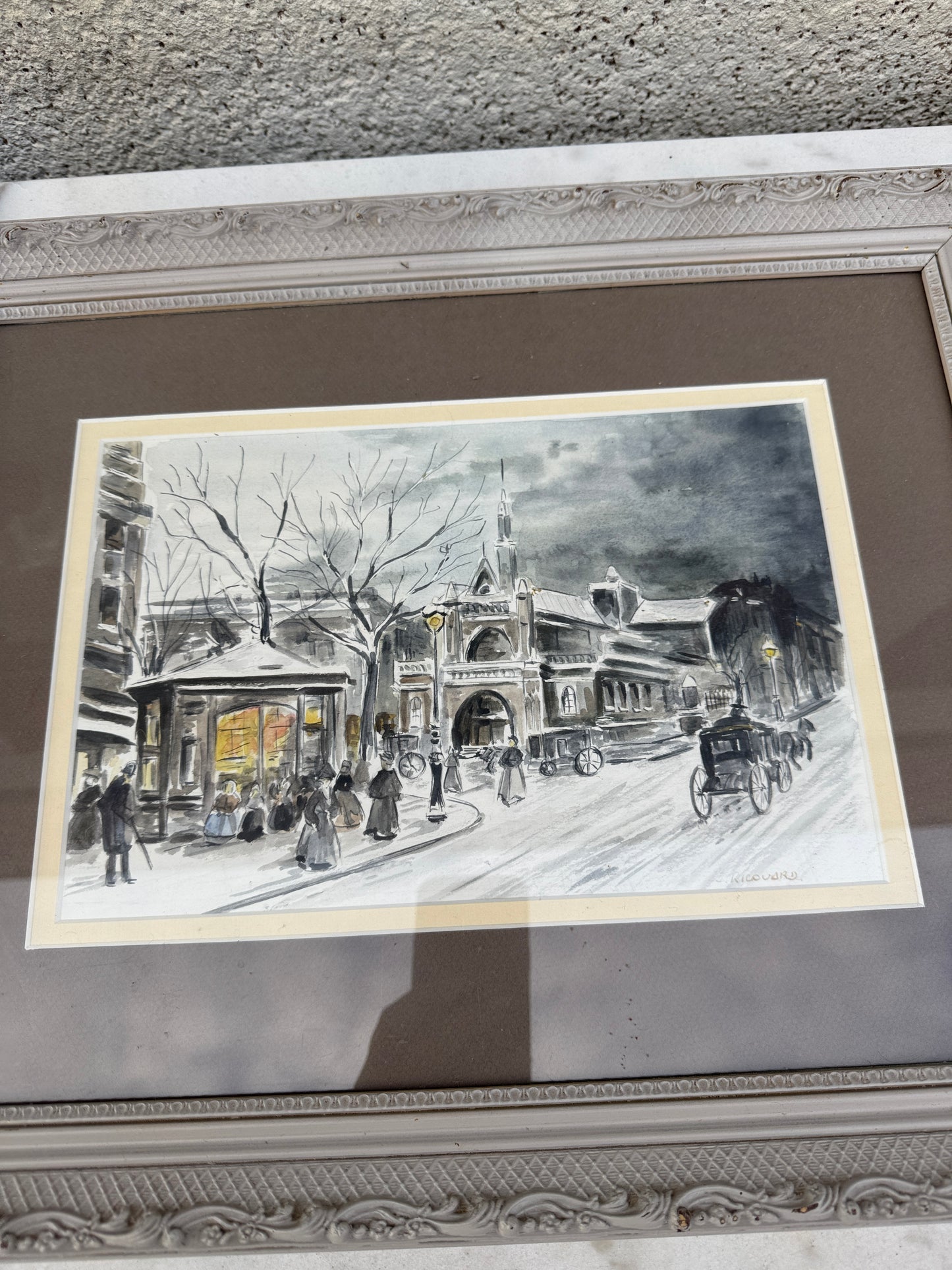 Antique French Watercolor by J. Ricouard, Paris Street Scene, c.1920s–1930s – Framed Original Painting