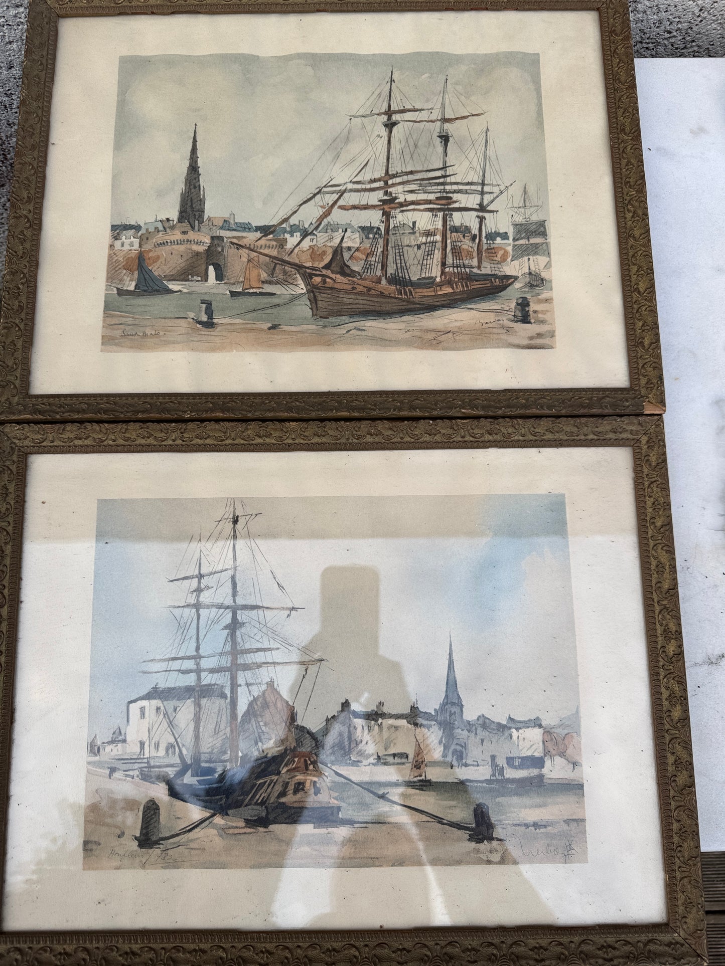 Pair of Antique French Watercolors by Fernand Herbo (1905–1995), Saint-Malo & Honfleur, 1932 – Original Marine Paintings