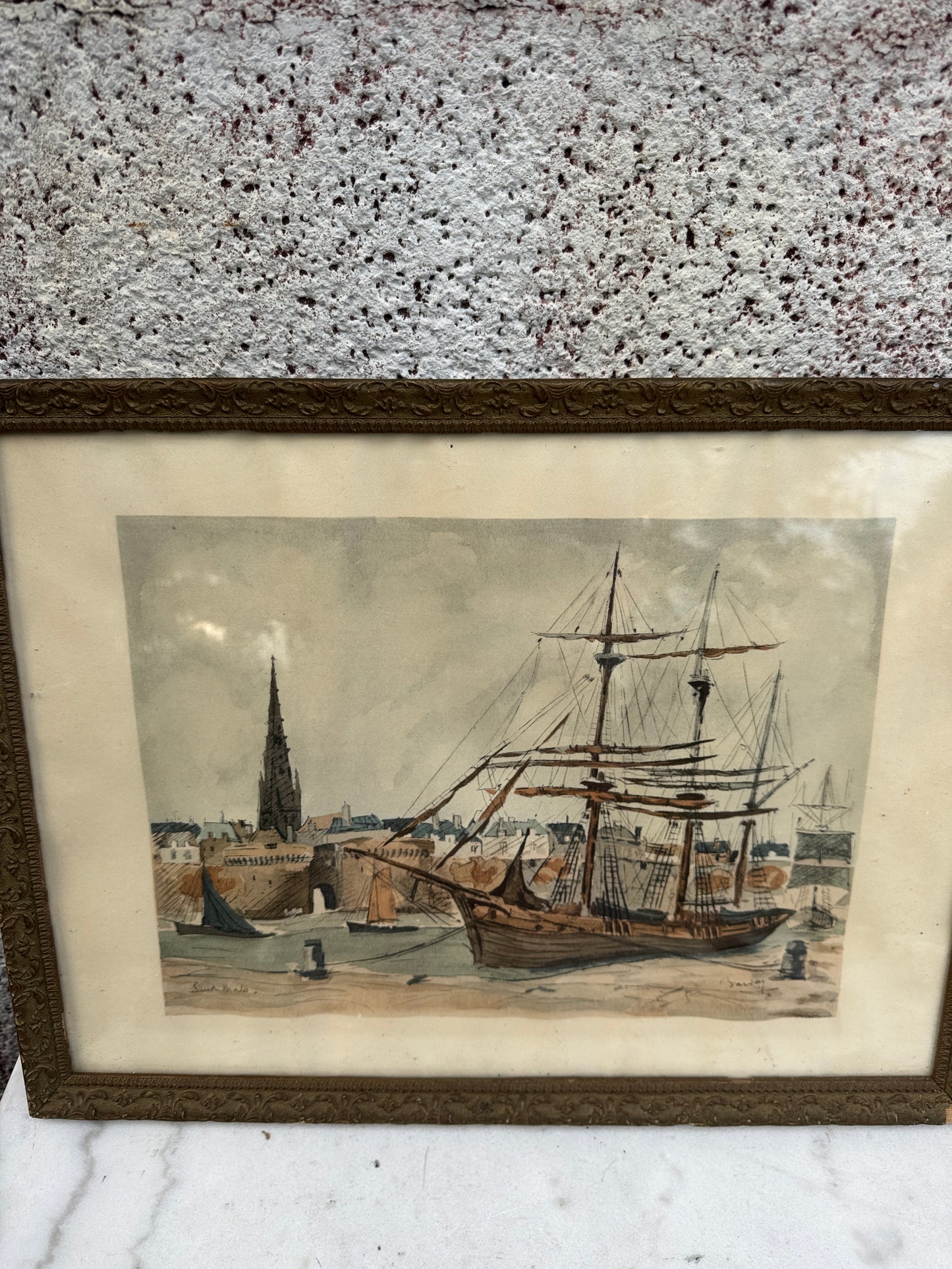 Pair of Antique French Watercolors by Fernand Herbo (1905–1995), Saint-Malo & Honfleur, 1932 – Original Marine Paintings