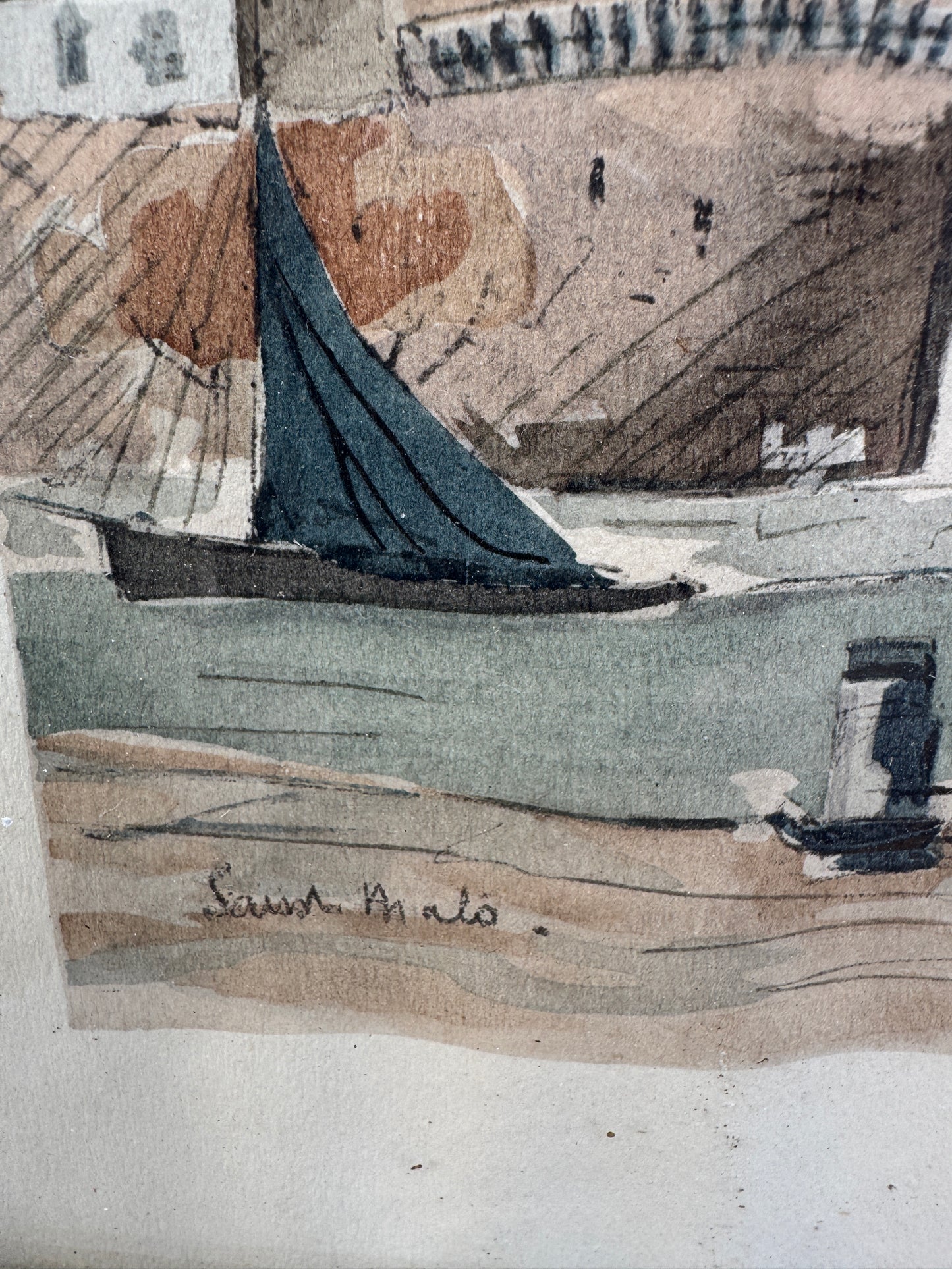 Pair of Antique French Watercolors by Fernand Herbo (1905–1995), Saint-Malo & Honfleur, 1932 – Original Marine Paintings