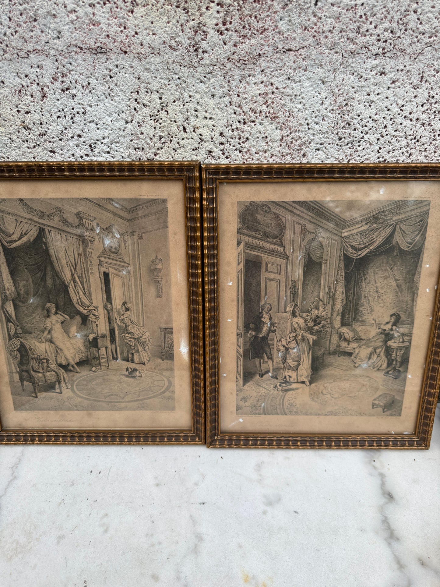 Pair of Antique French Engravings “Visite inattendue / Visite attendue” after Lionel Périaux – Ch. Wittmann, c.1880–1900, Framed