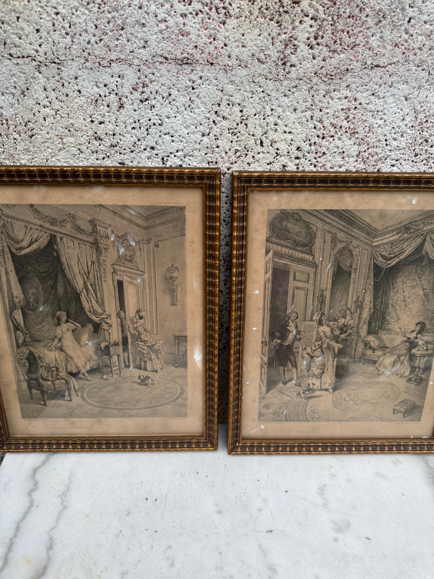 Pair of Antique French Engravings “Visite inattendue / Visite attendue” after Lionel Périaux – Ch. Wittmann, c.1880–1900, Framed