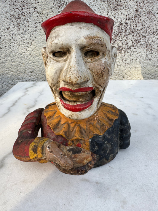 Vintage Cast Iron Mechanical Clown Bank – Hand-to-Mouth – Working – Mid-Century