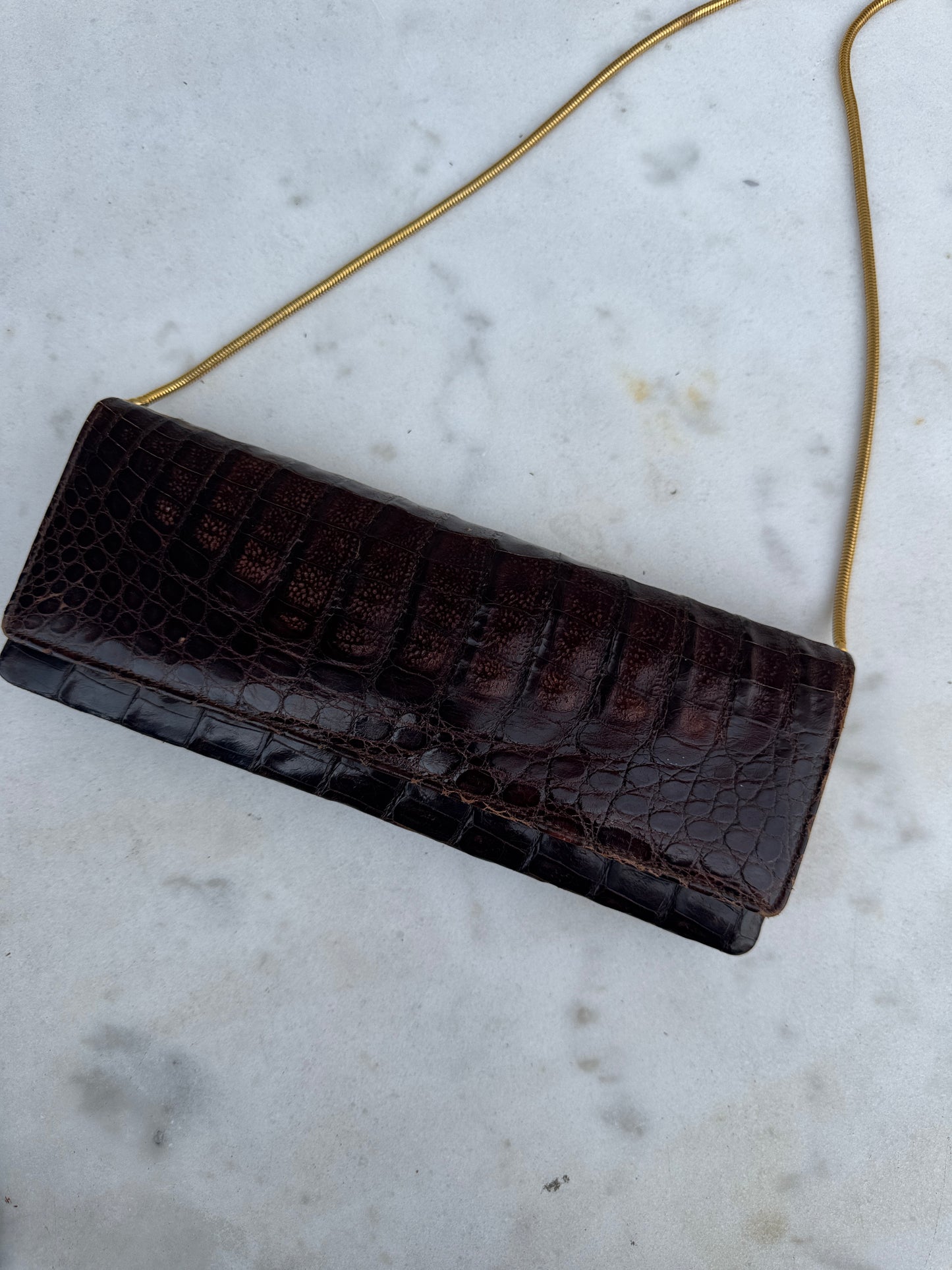 Antique French Crocodile Leather Clutch – 1930s Art Deco – Mahogany Finish