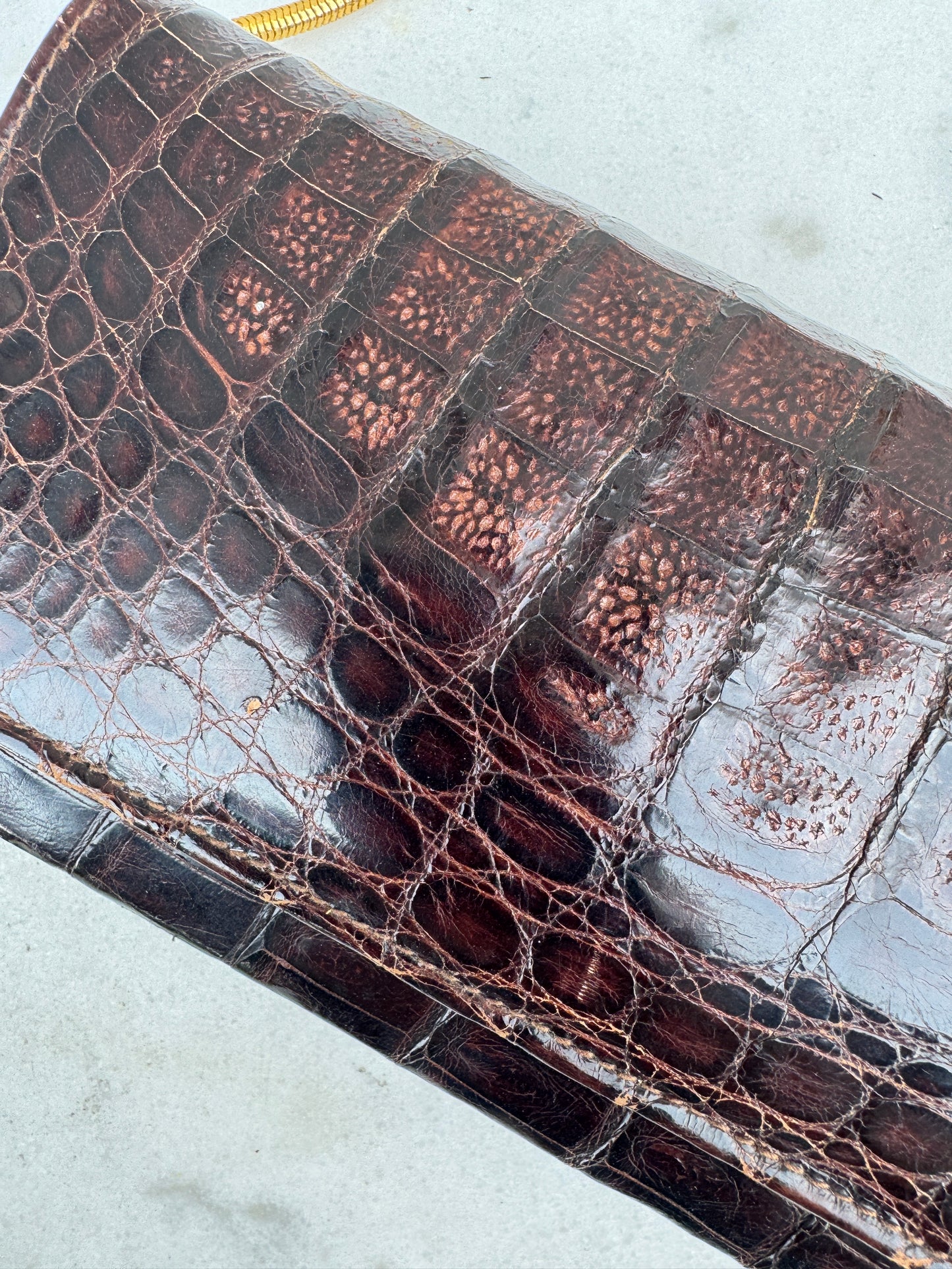 Antique French Crocodile Leather Clutch – 1930s Art Deco – Mahogany Finish