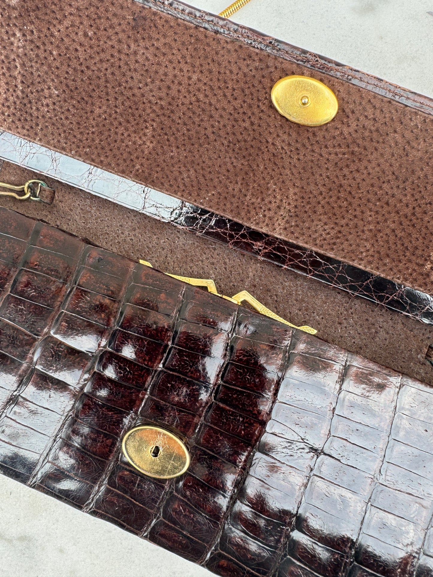 Antique French Crocodile Leather Clutch – 1930s Art Deco – Mahogany Finish