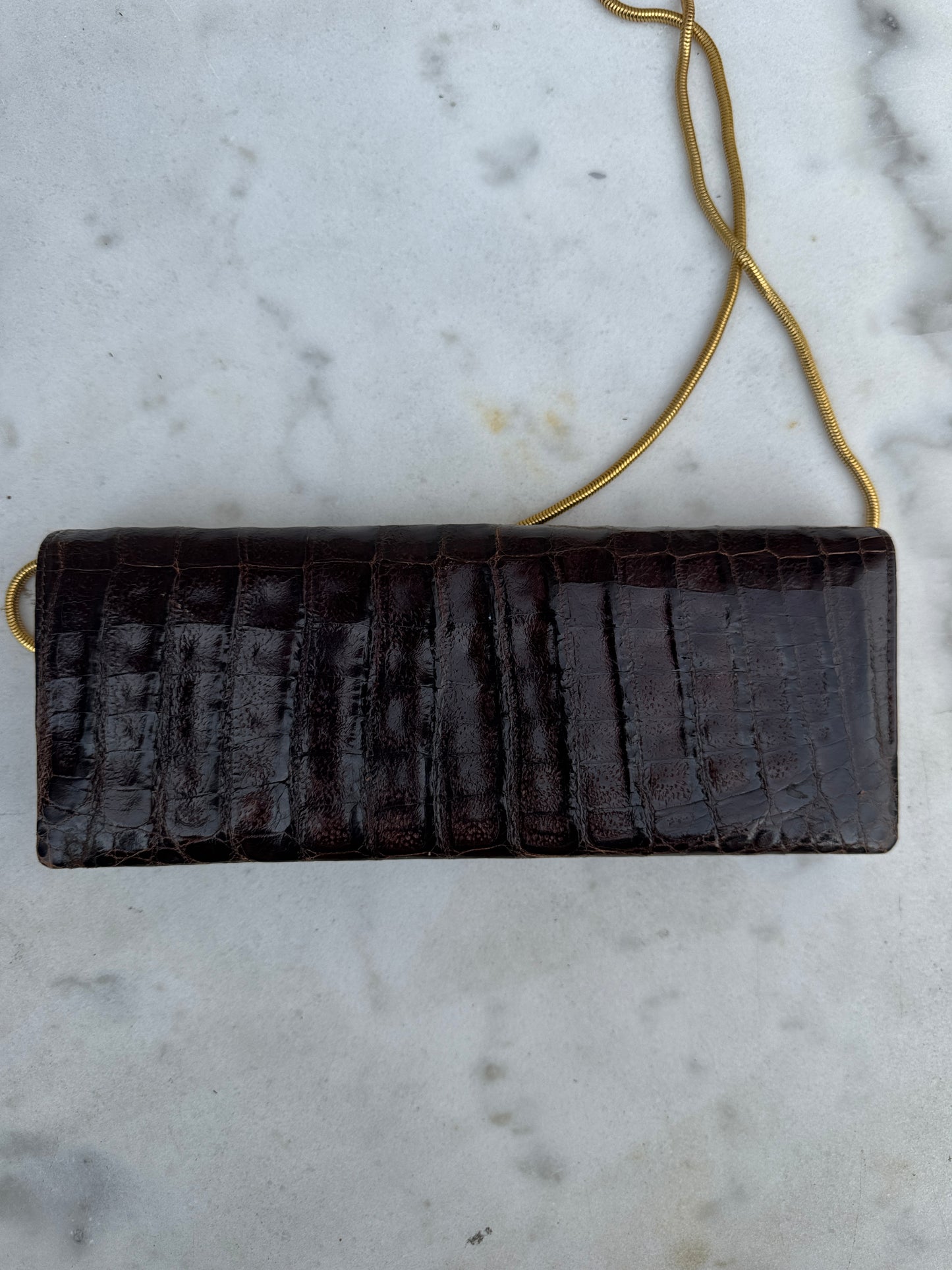 Antique French Crocodile Leather Clutch – 1930s Art Deco – Mahogany Finish