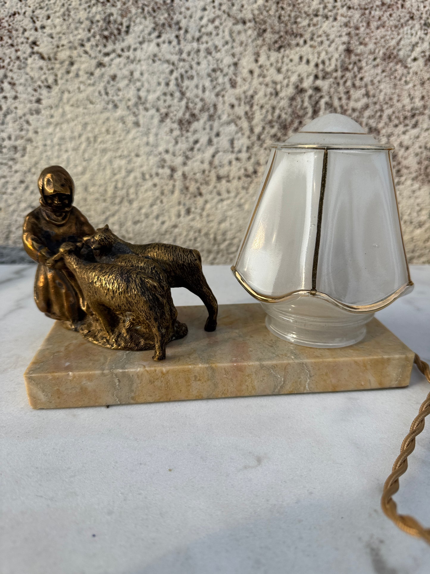 Vintage French Bronze Lamp with Girl and Sheep - Art Deco Style